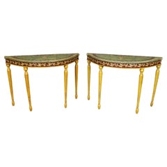 Pair of Maitland Smith Adams Style Paint Decorated Demilune Console Tables