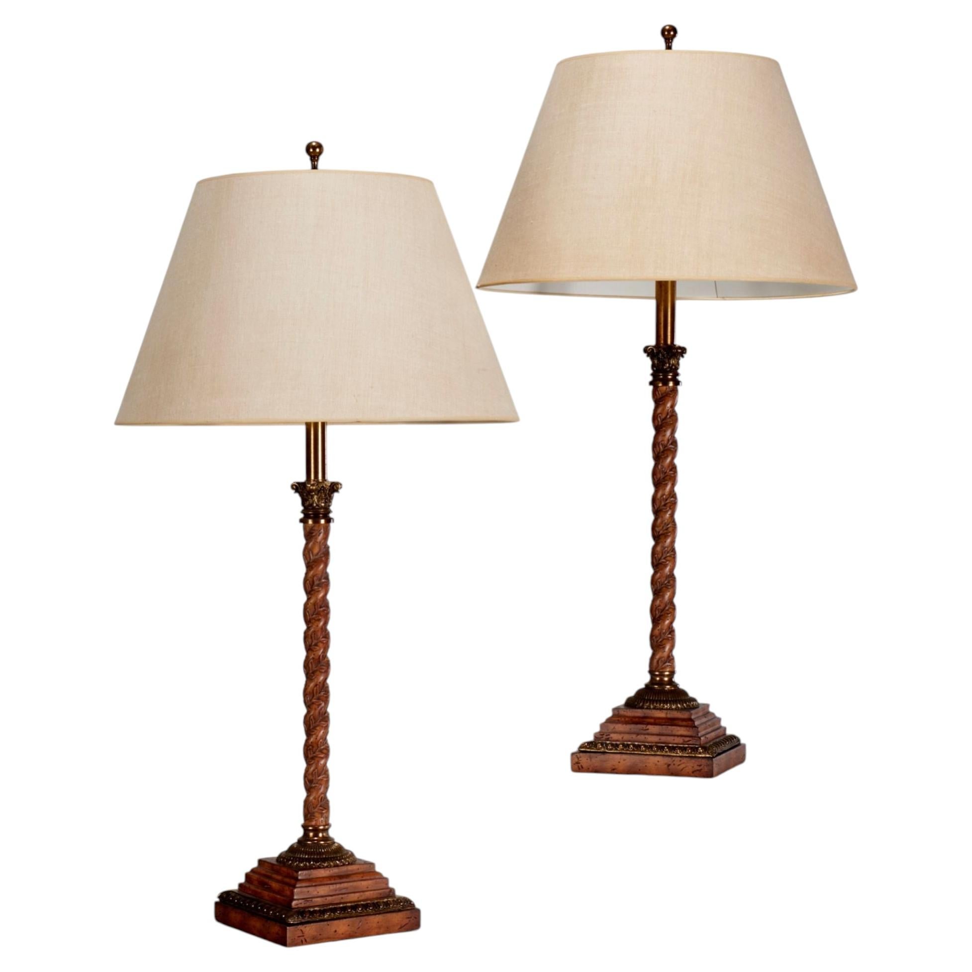 Pair of Maitland-Smith Barley Twist Style Table Lamps with Gilt Metal Mounts