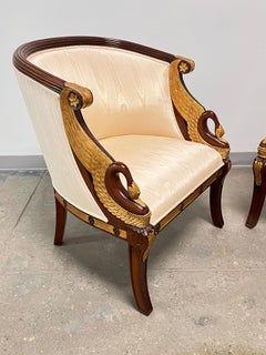 Pair of Maitland-Smith Bergère Lounge Chairs With Gilt Parcel Swan Heads