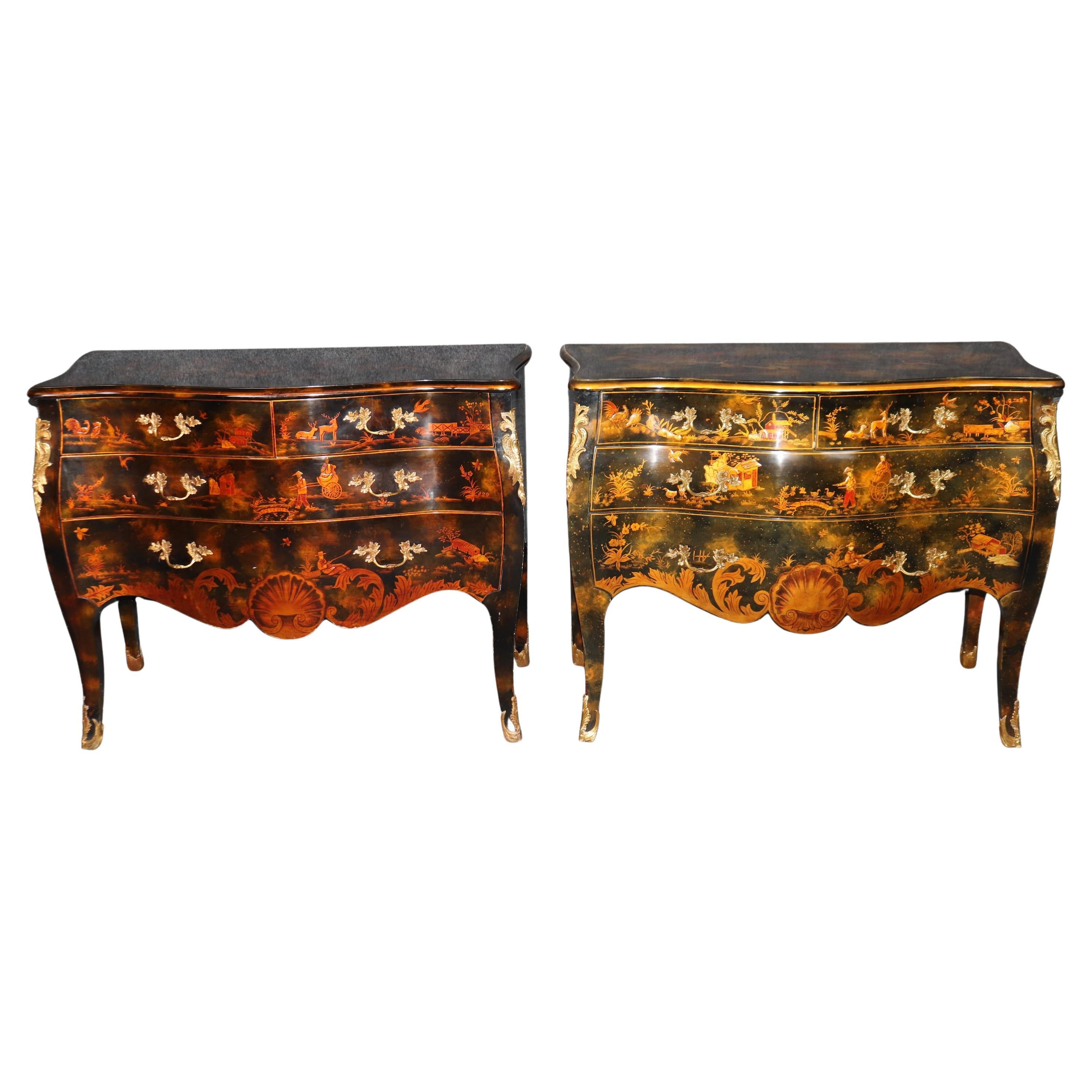 Pair of Maitland Smith Black Chinoiserie Paint Decorated Large Commodes