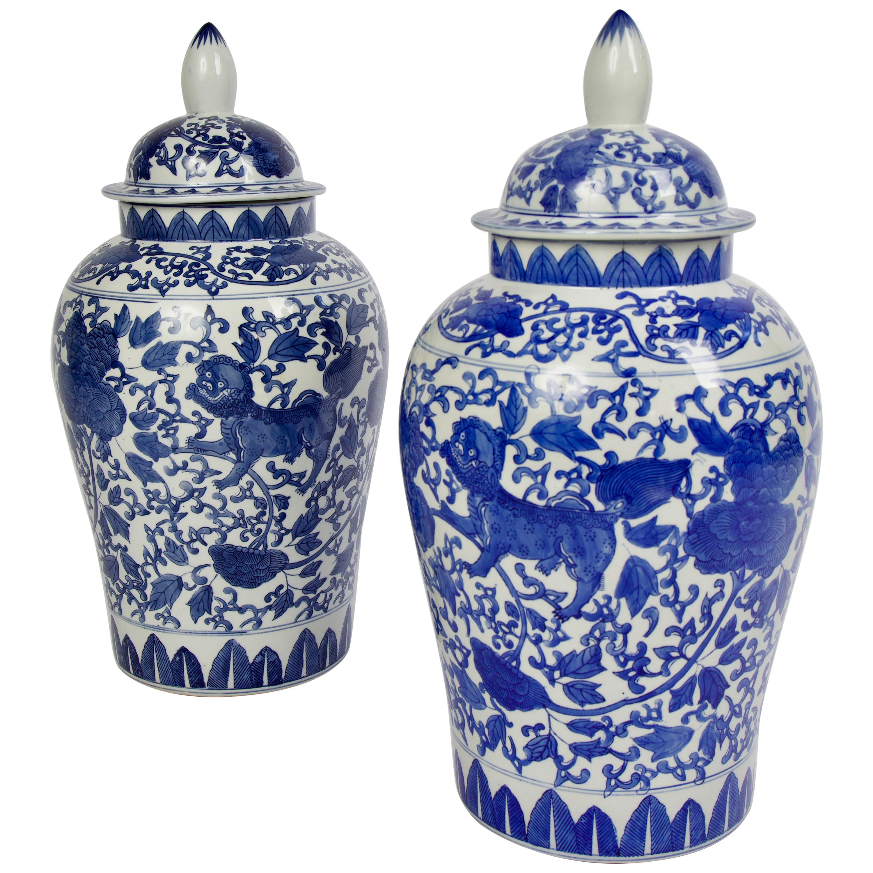 Pair of Maitland Smith Blue and White Chinese Porcelain Ginger Jars