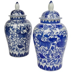 Pair of Maitland Smith Blue and White Chinese Porcelain Ginger Jars