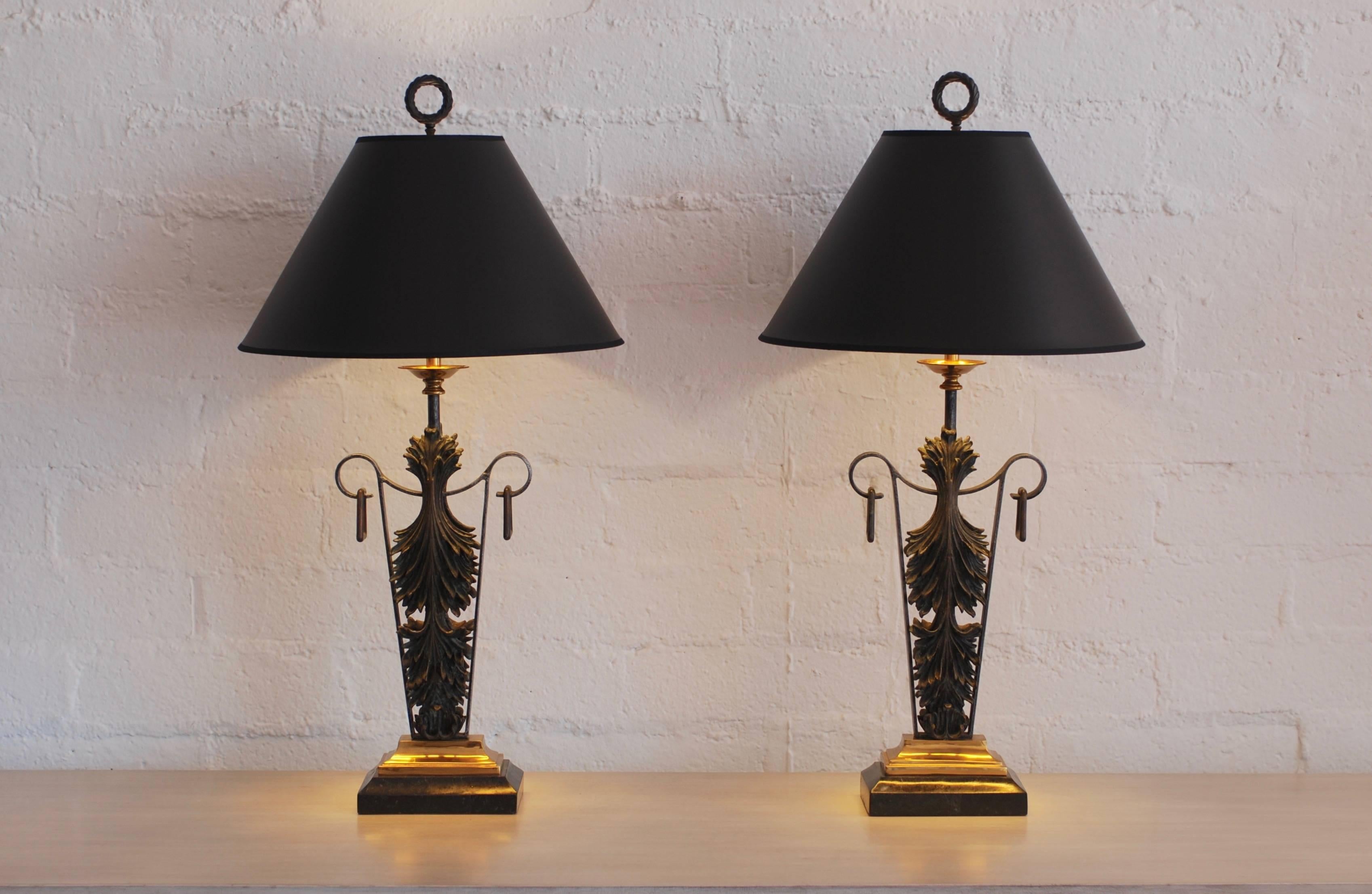 American Pair of Maitland-Smith Bronze and Brass and Marble Table Lamps