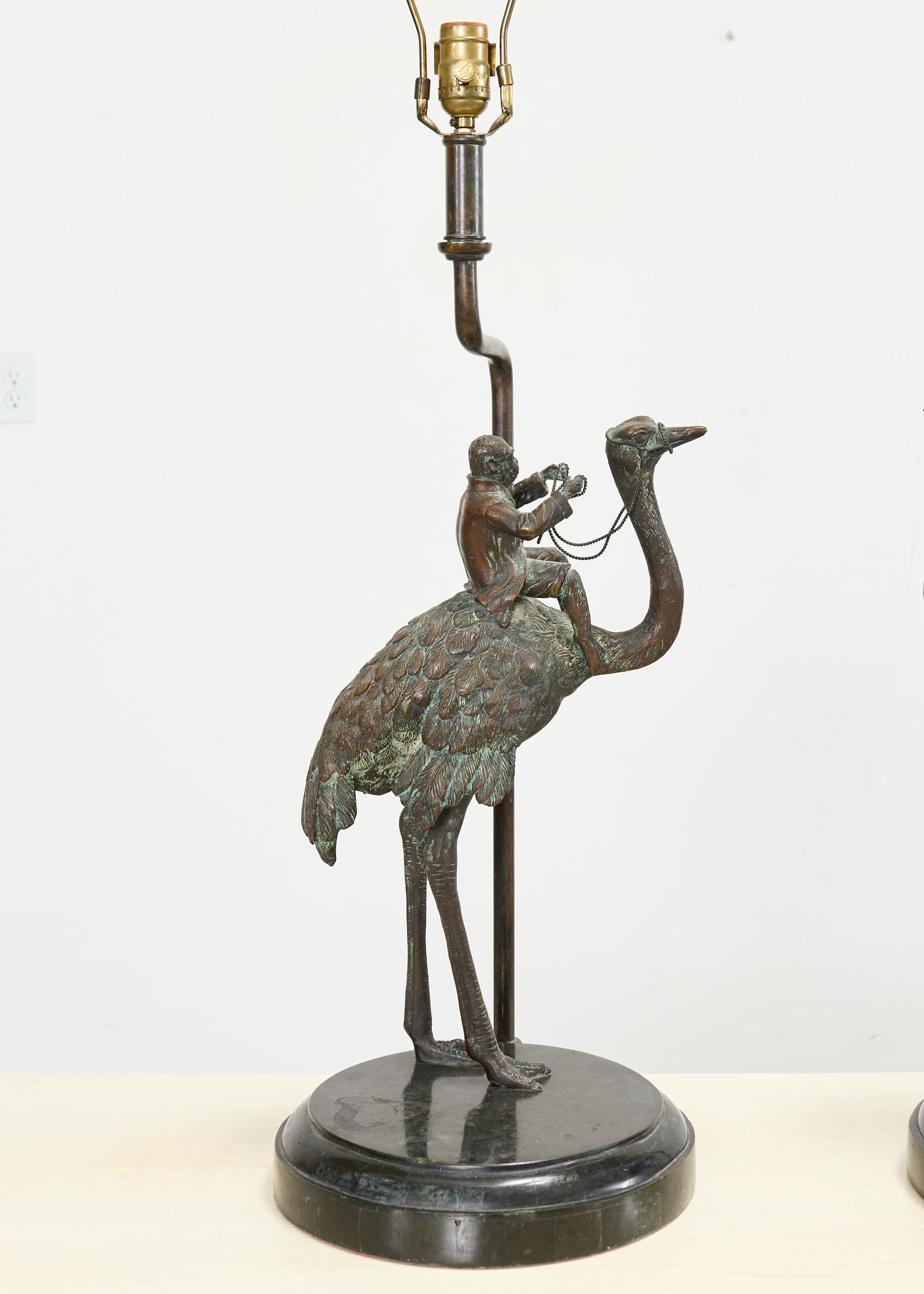 Regency Paire de lampes de table en bronze Maitland Smith à l'effigie de l'autruche en vente