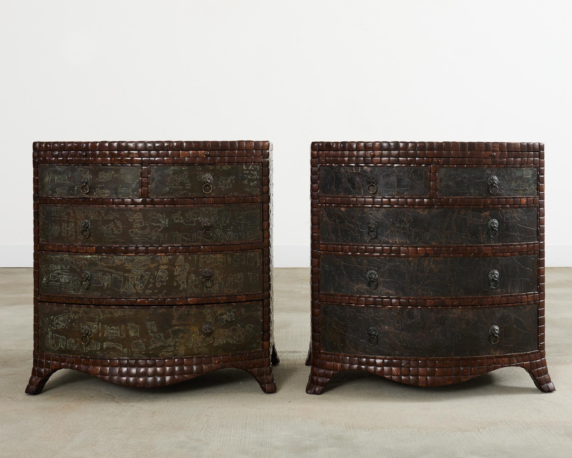 Regency Pair of Maitland-Smith Coconut Shell Bronze Veneer Commodes