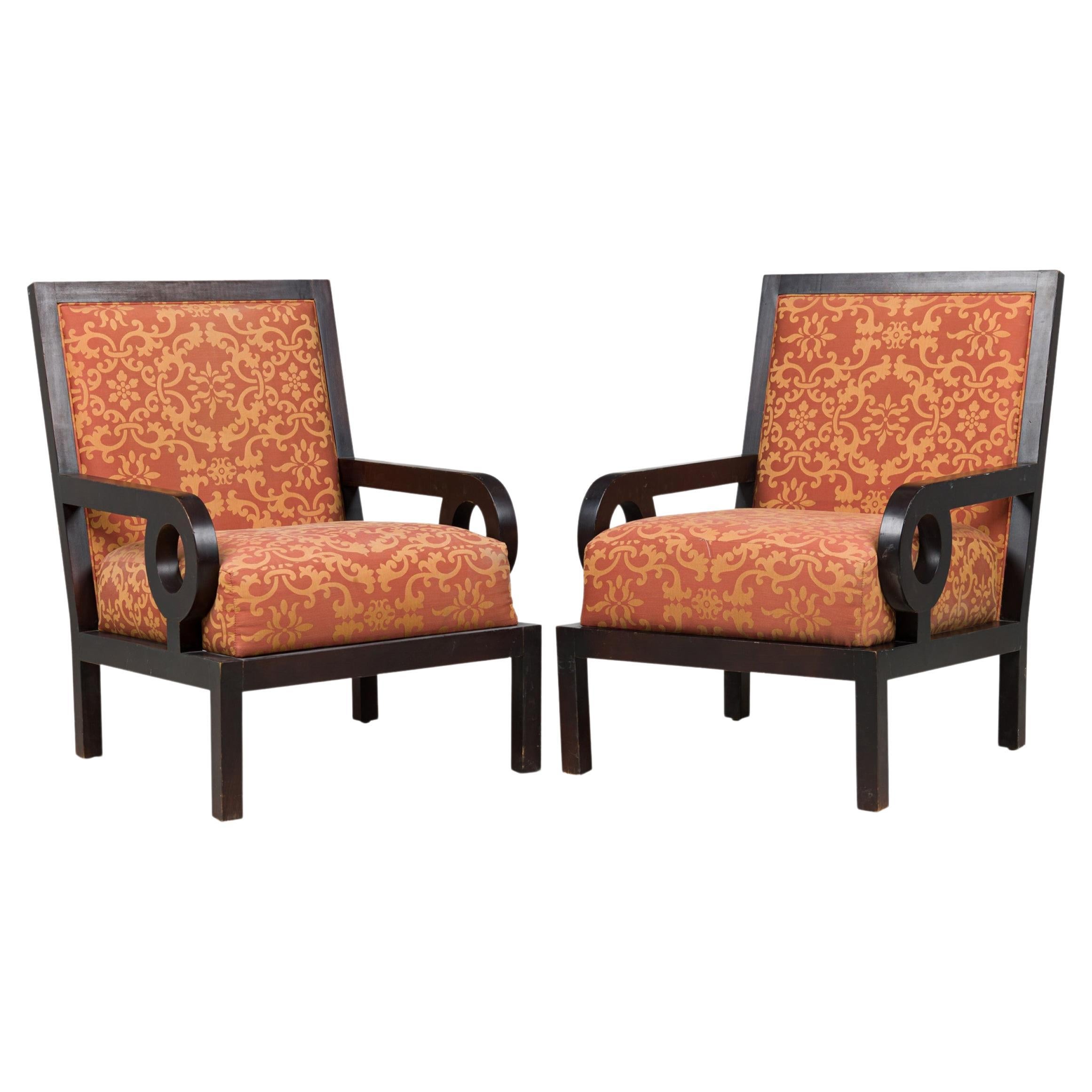 Pair of Maitland-Smith English Dark Walnut Oversized Upholstered Club Armchairs For Sale