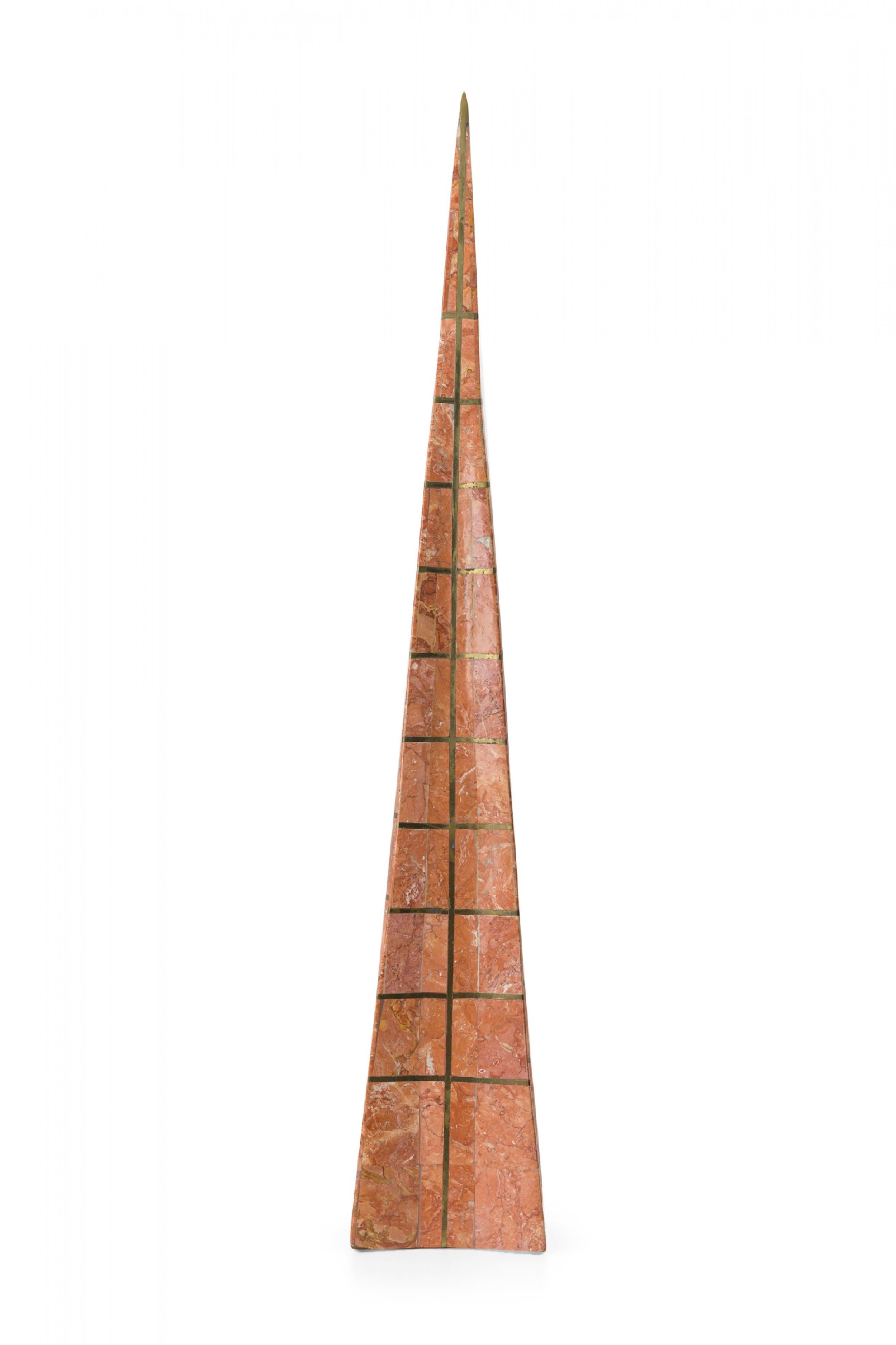 Metal Pair of Maitland-Smith English Mid-Century Blush Marble and Brass Obelisks For Sale