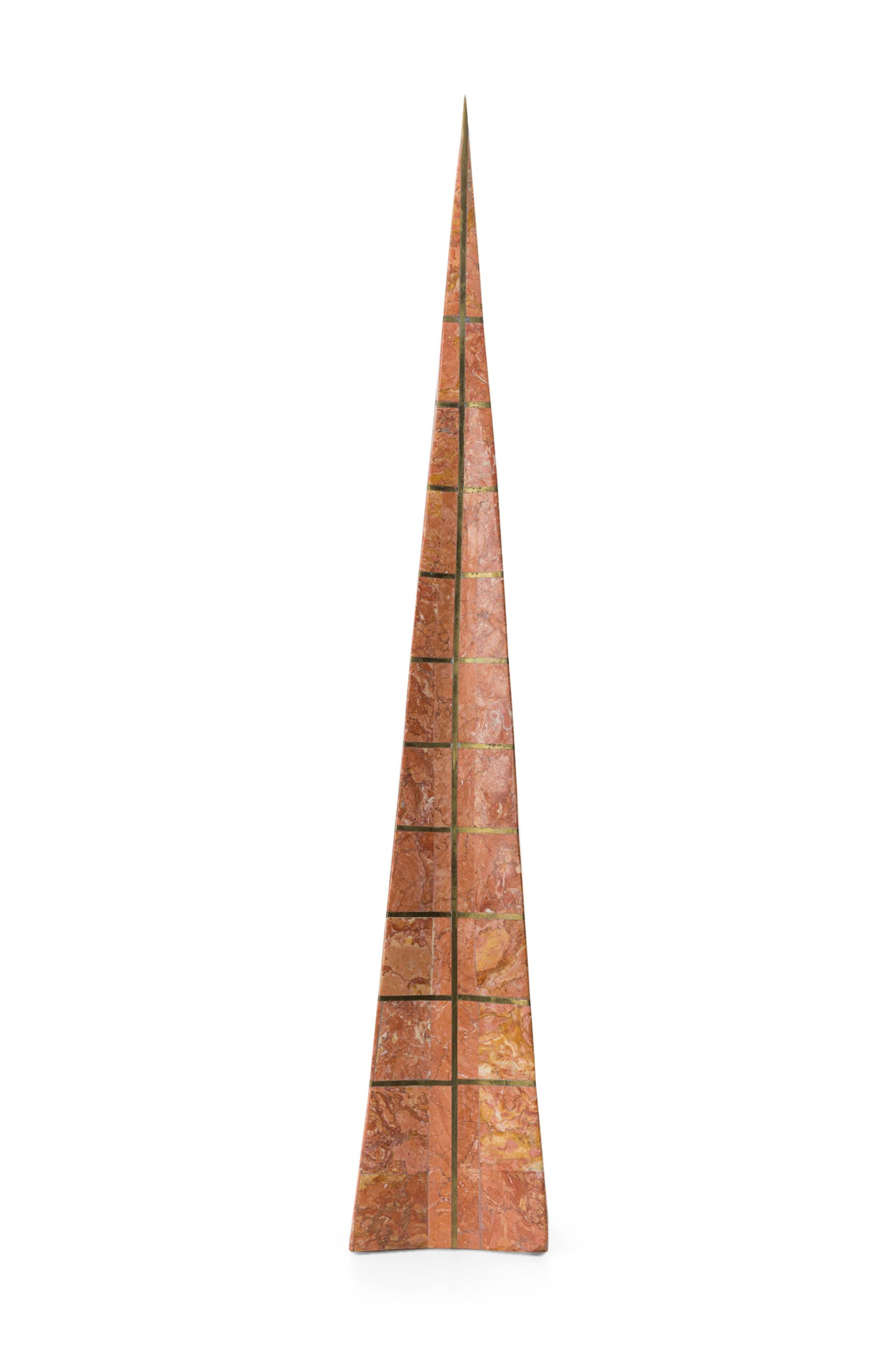 Pair of Maitland-Smith English Mid-Century Blush Marble and Brass Obelisks For Sale 1