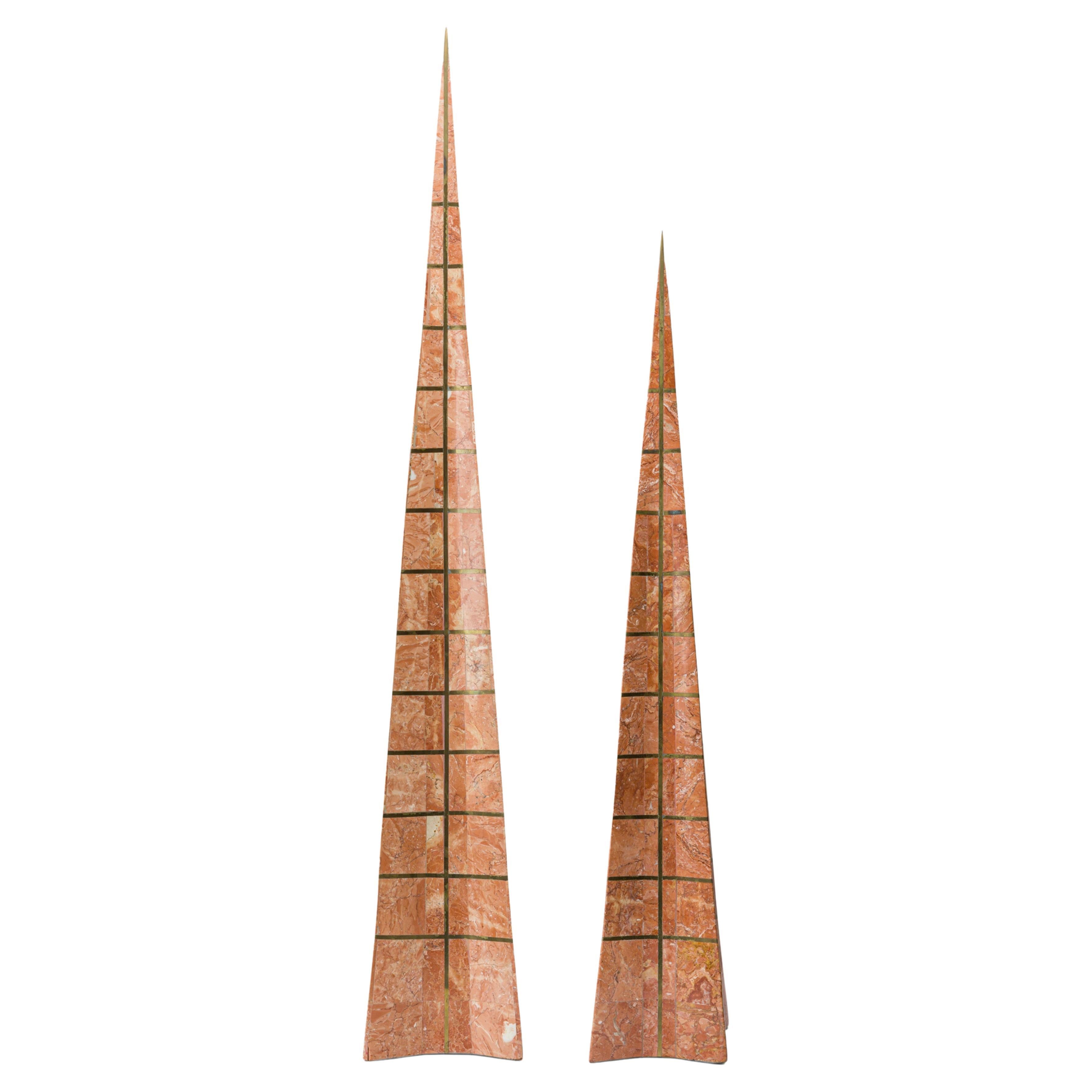 Pair of Maitland-Smith English Mid-Century Blush Marble and Brass Obelisks