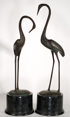 Pair of Maitland Smith Large Bronze and Marble Egret Bird Sculptures, Labeled