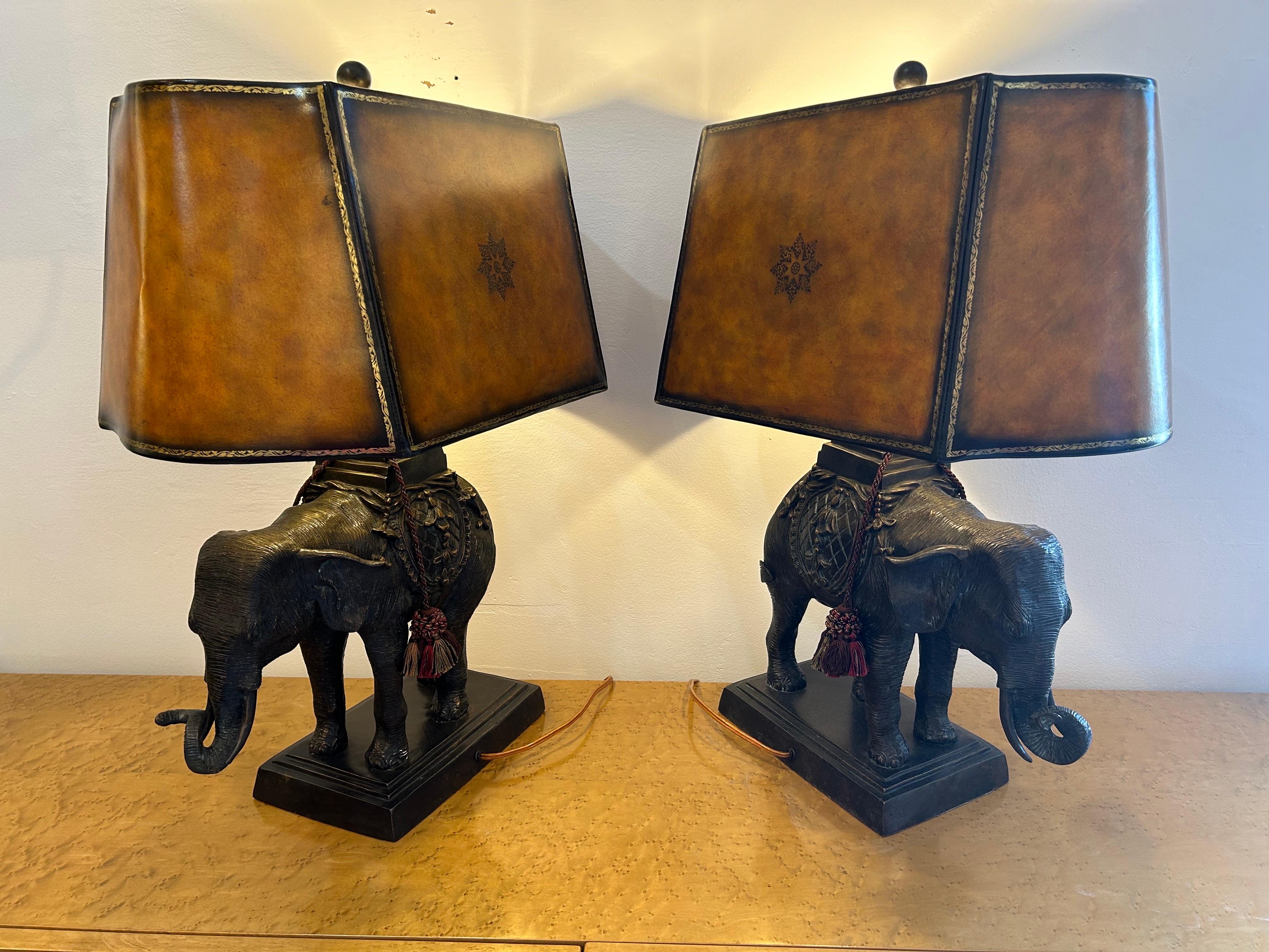 Bronze Pair of Maitland Smith, large bronze elephant lamps For Sale