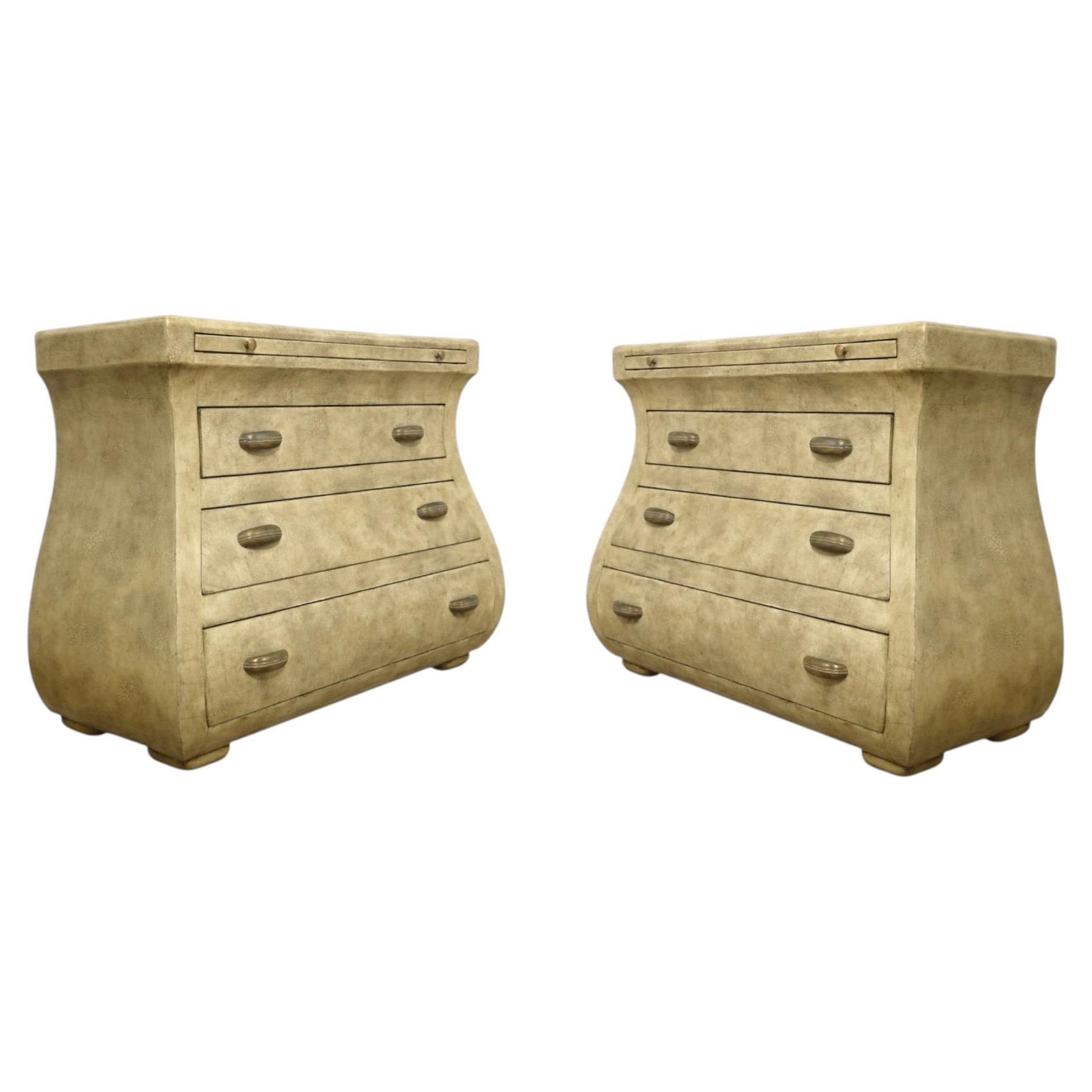 Pair of Maitland Smith Leather Wrapped Bombé Chests of Drawers For Sale