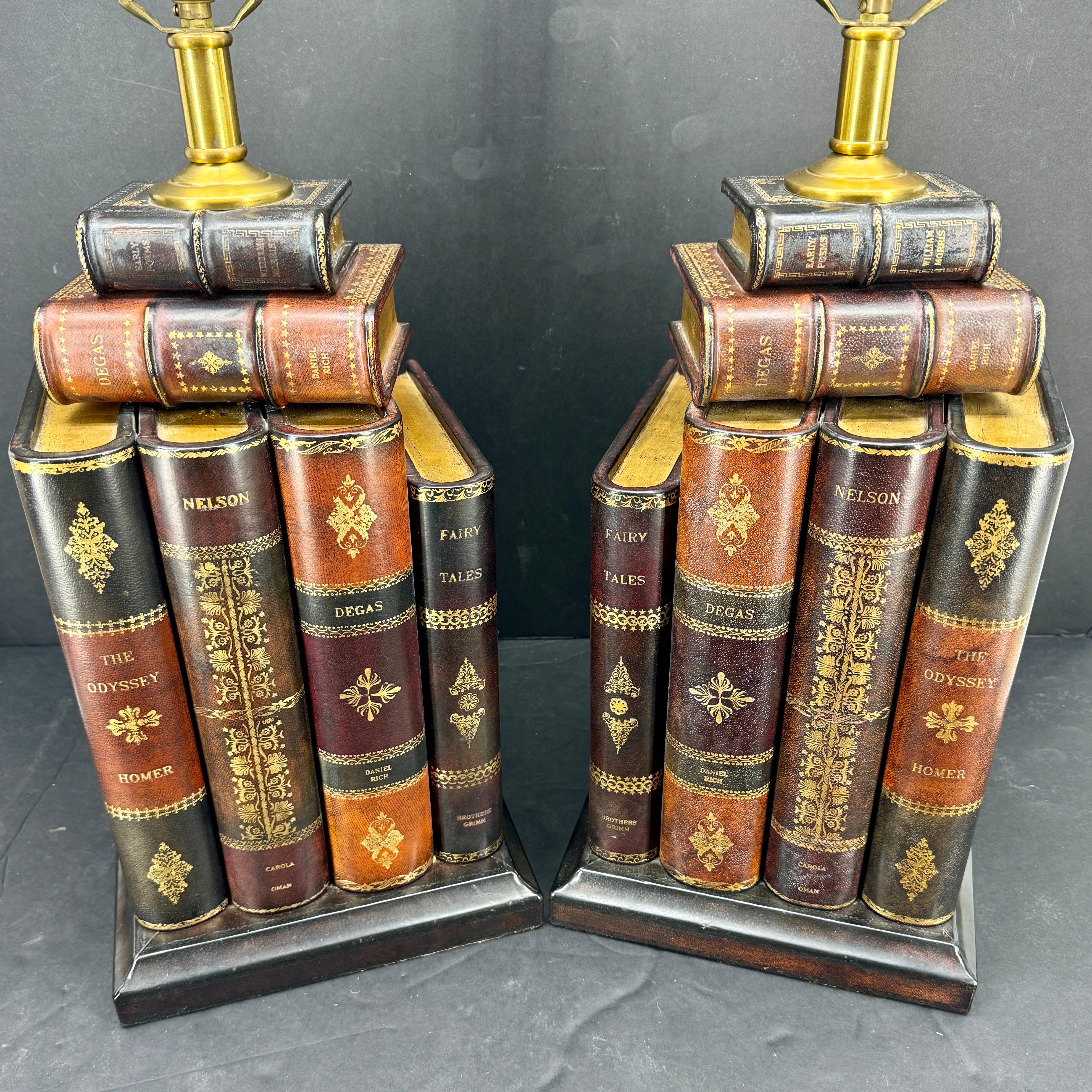 American Pair of Maitland Smith Library Leather Book Table Lamps