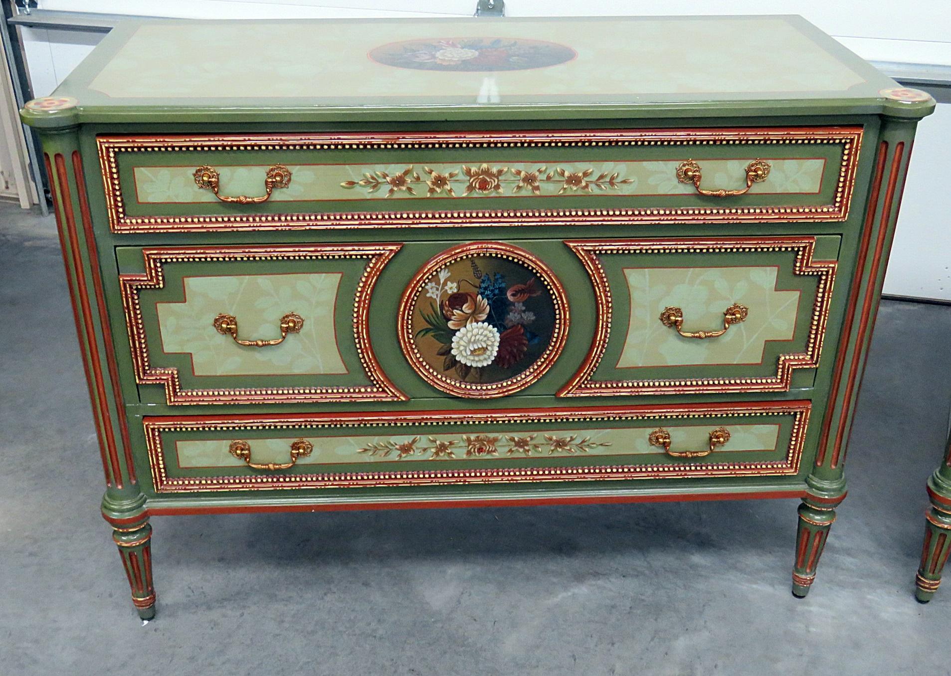 Pair of Maitland Smith Louis XVI style paint decorated 3-drawer commodes.