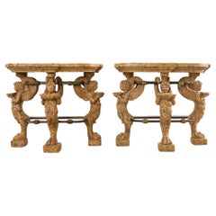 Pair of Maitland Smith Neoclassical Cast Stone Demilune Consoles