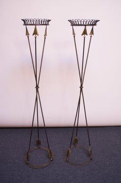Pair of Maitland Smith Neoclassical Iron "Arrow" Torchières / Plant Stands