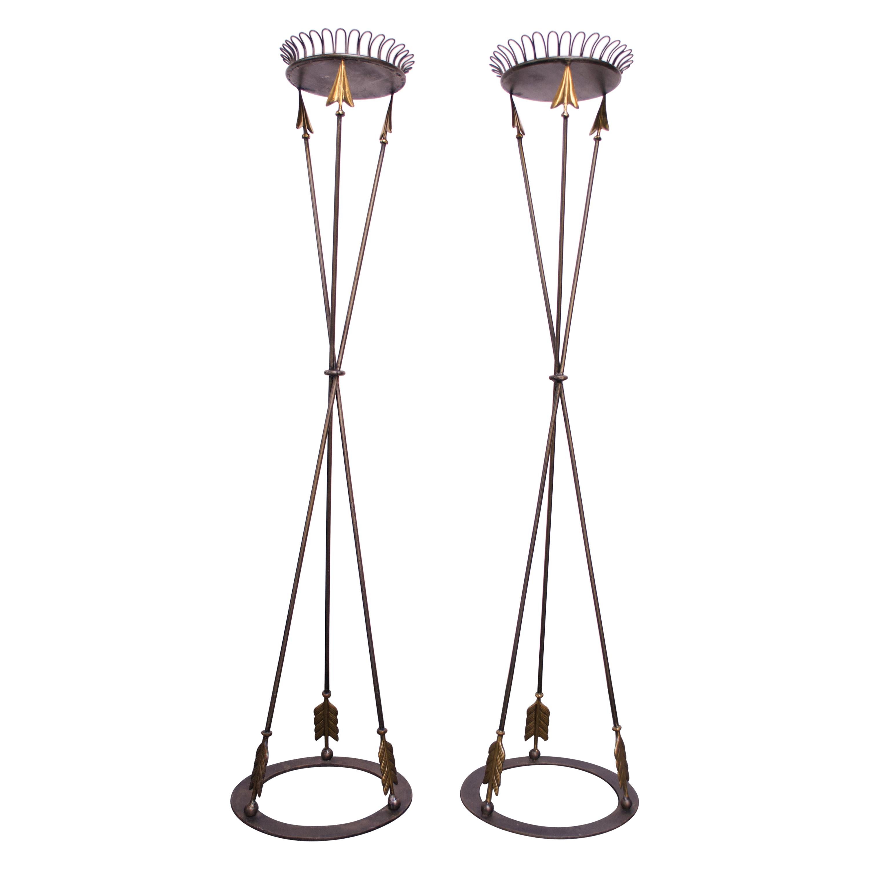 Pair of Maitland Smith Neoclassical Iron "Arrow" Torchières / Plant Stands