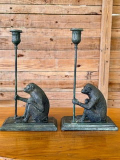 Pair of Maitland-Smith Sculptural Figurative Patina Monkey Candlesticks