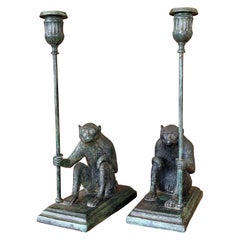 Pair of Maitland-Smith Sculptural Figurative Patina Monkey Candlesticks