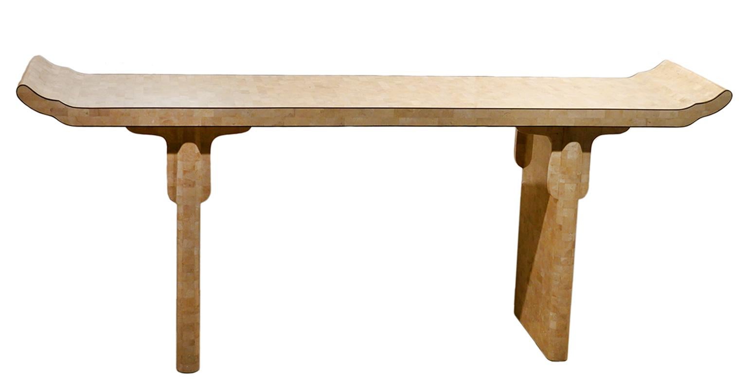 Mid-Century Modern Pair of Maitland Smith Style Asian Inspired Tesselated Marble Console Tables