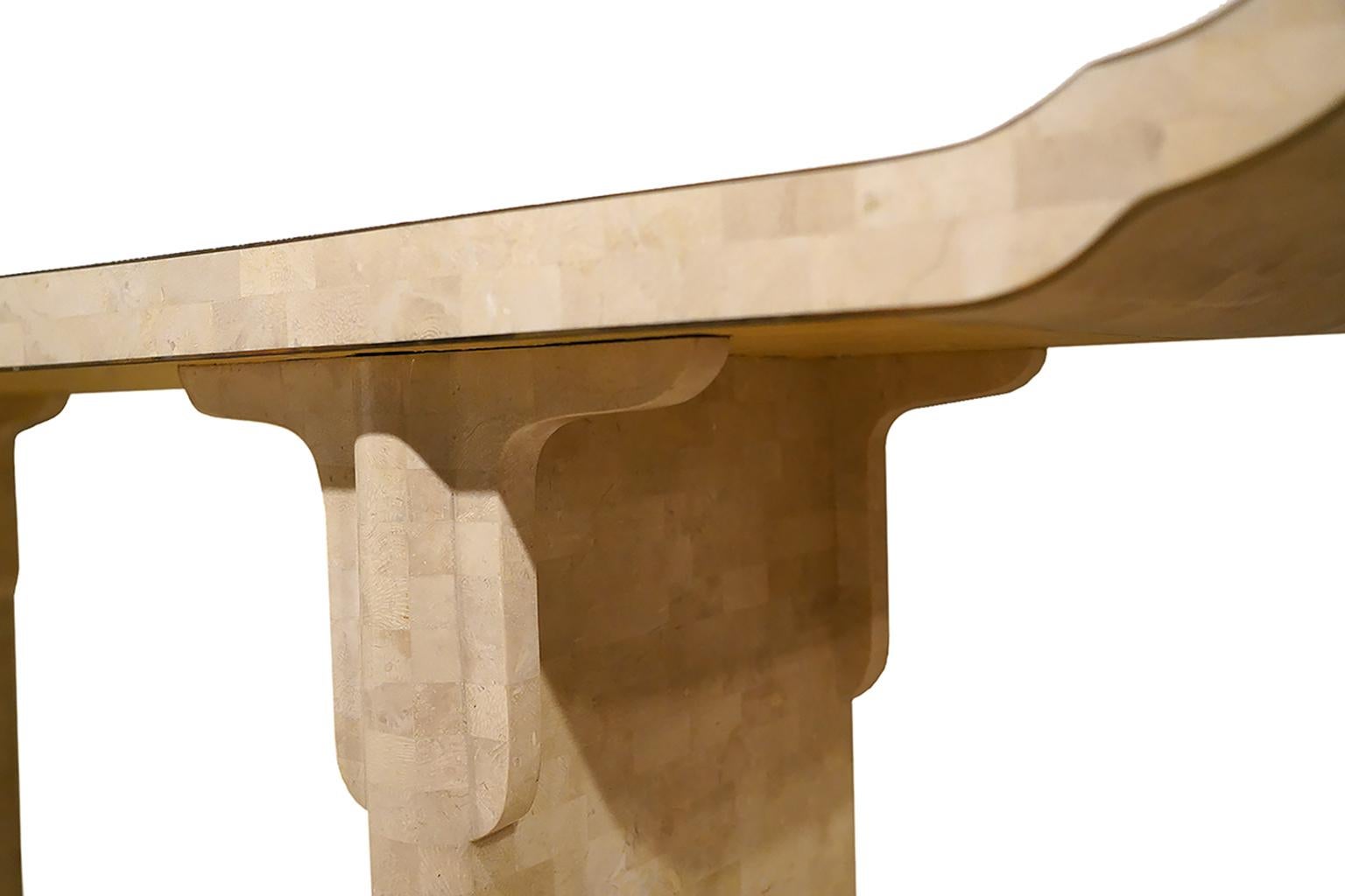 Pair of Maitland Smith Style Asian Inspired Tesselated Marble Console Tables In Good Condition In Ft. Lauderdale, FL