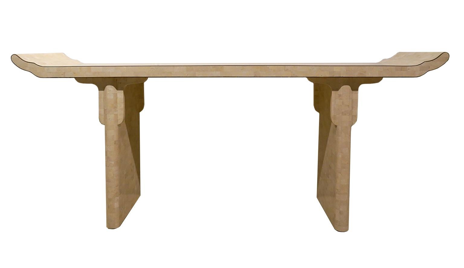 Brass Pair of Maitland Smith Style Asian Inspired Tesselated Marble Console Tables