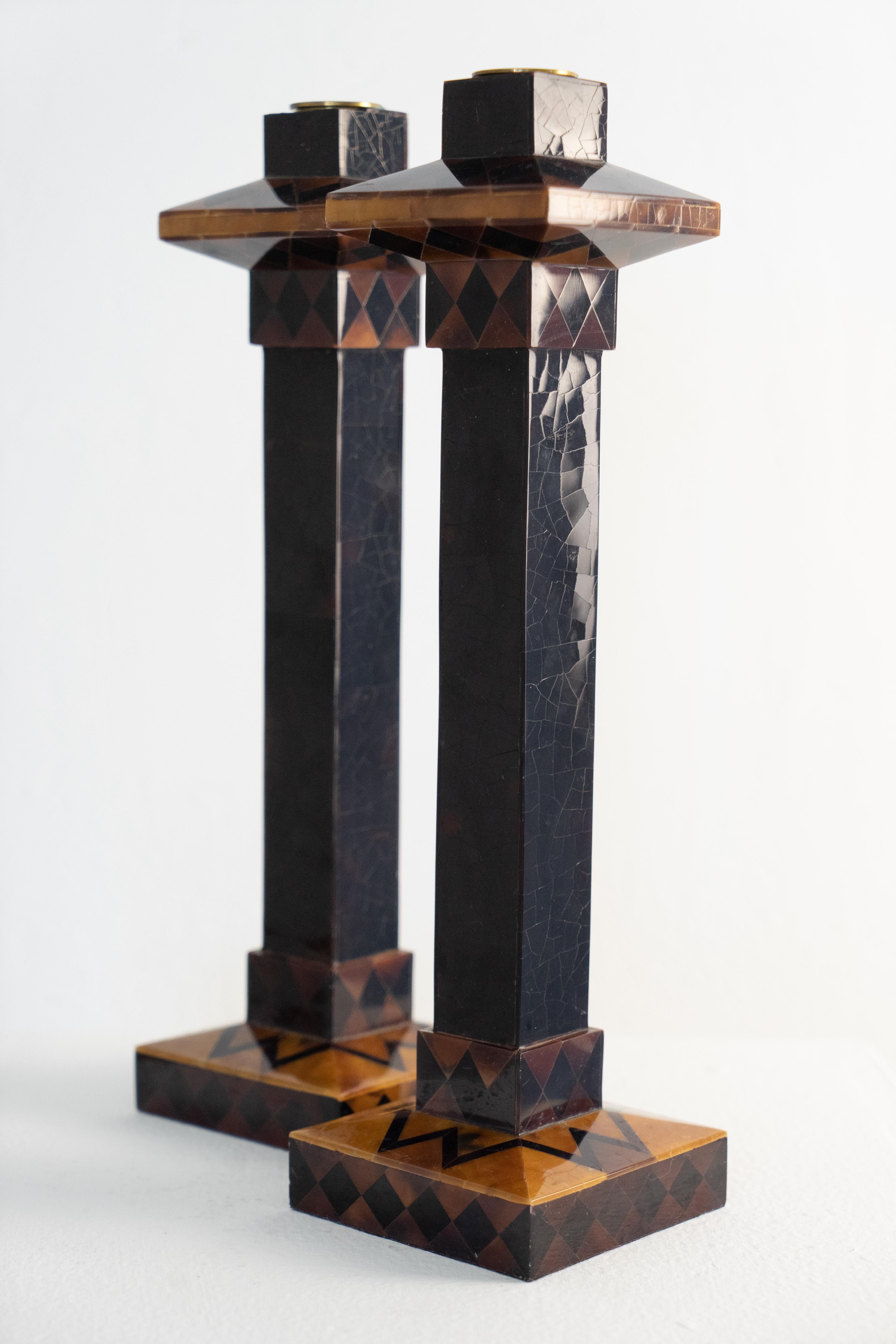 Post-Modern Pair of Maitland Smith Tesselated Candlestick Holders  For Sale