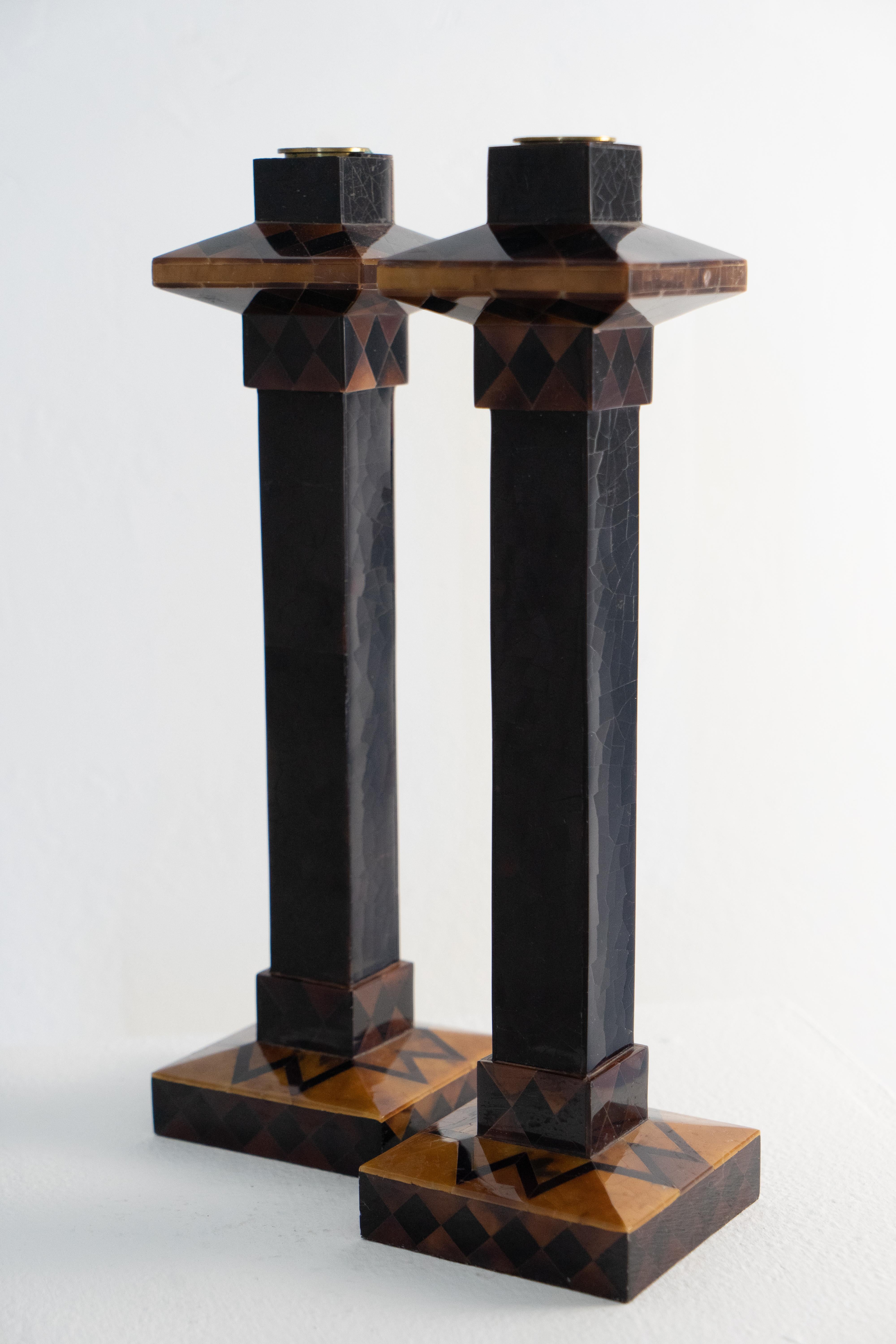 Philippine Pair of Maitland Smith Tesselated Candlestick Holders  For Sale