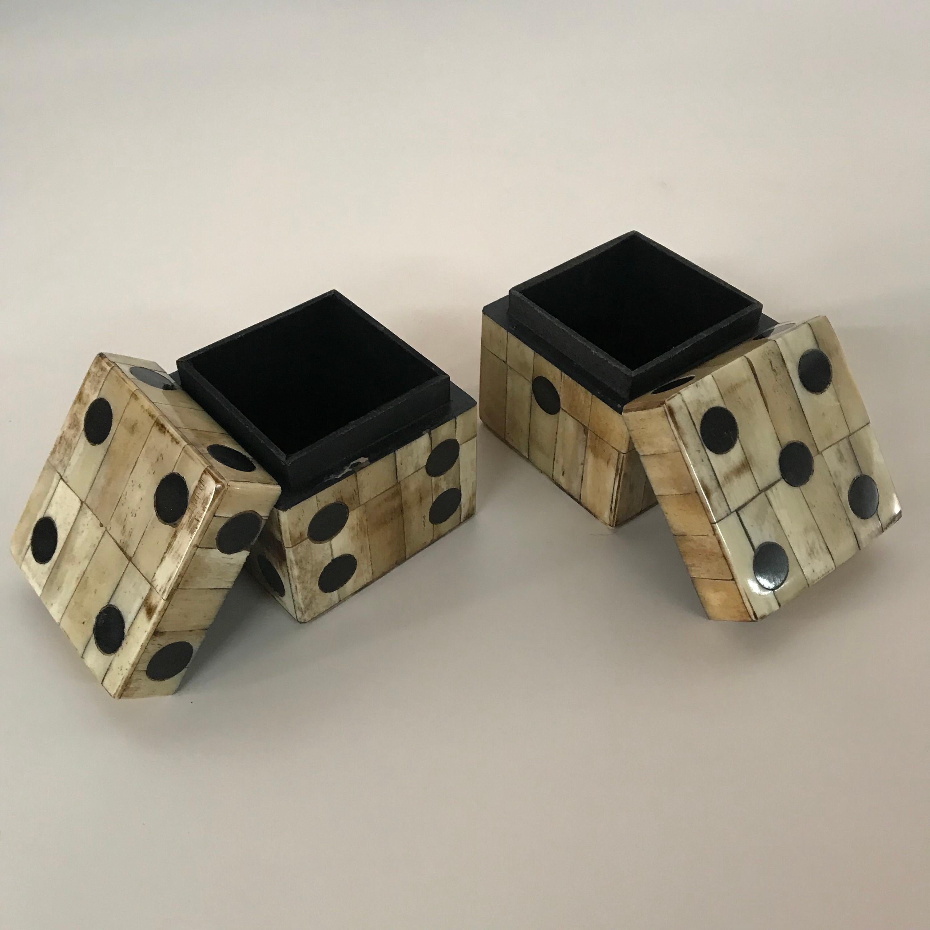 Tessellated camel bone boxes lined with black velvet, finished on all sides.
