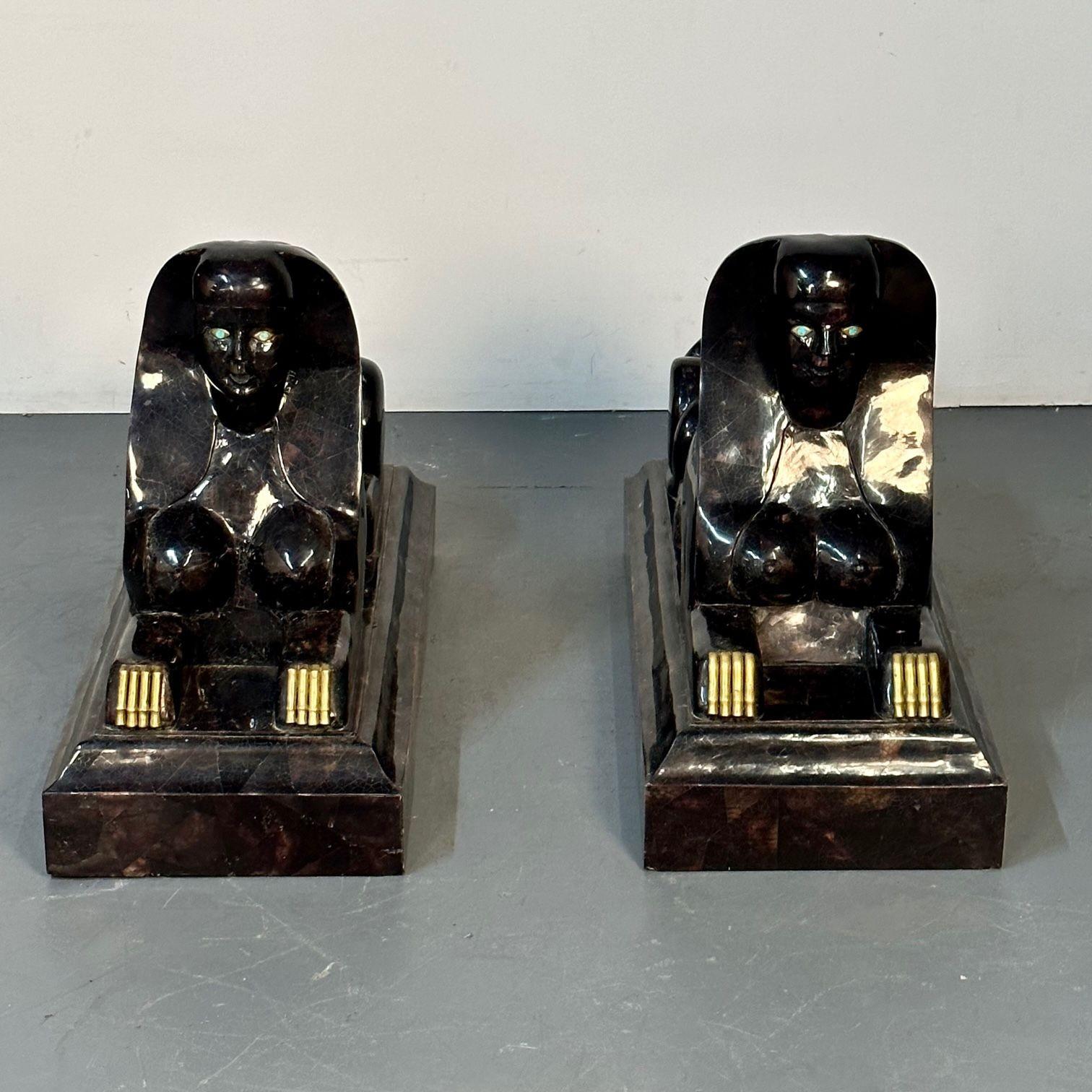 Maitland Smith, Egyptian Modern, Sphinxes, Tessellated Stone, Gold Gilt, 1960s In Good Condition For Sale In Stamford, CT