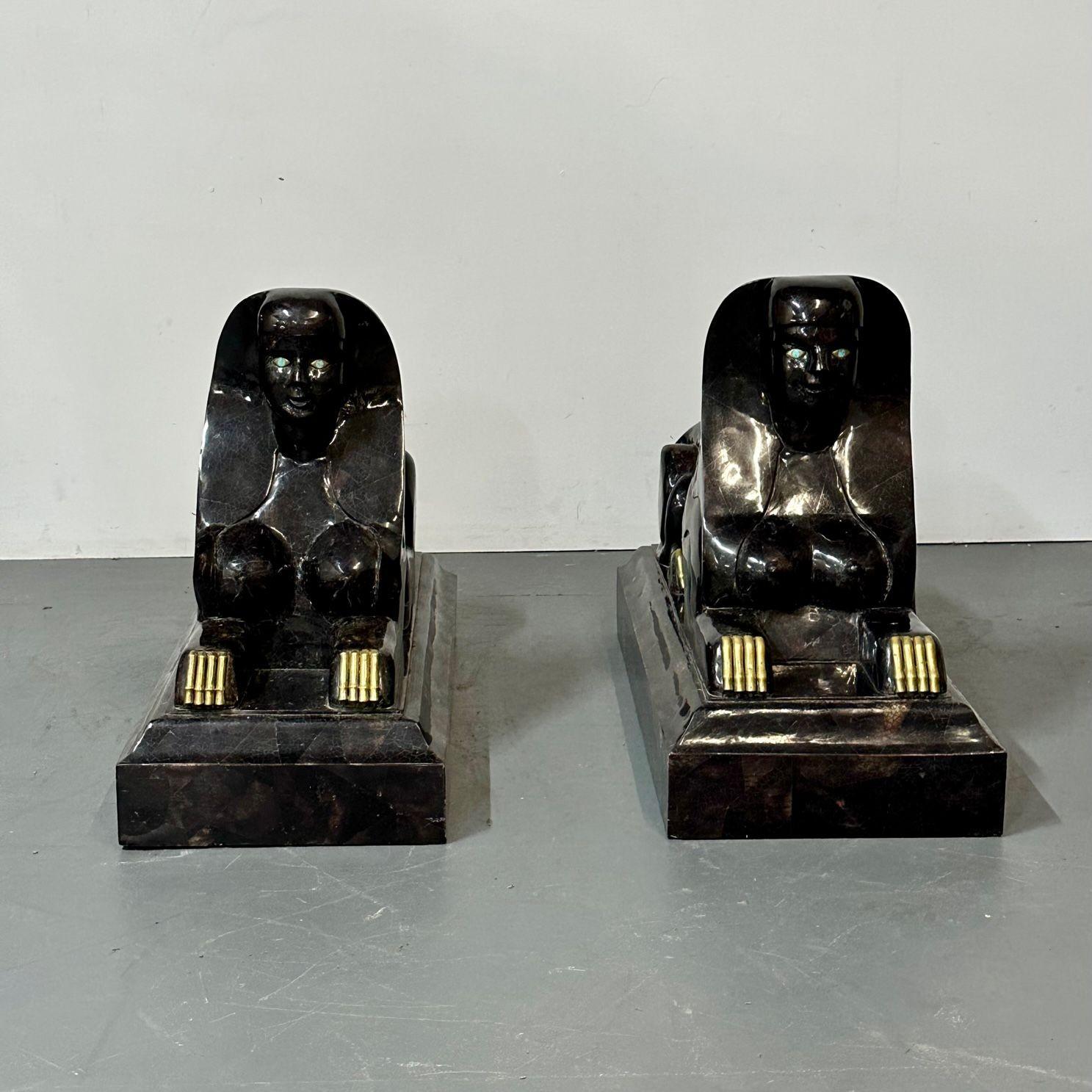 Mid-20th Century Maitland Smith, Egyptian Modern, Sphinxes, Tessellated Stone, Gold Gilt, 1960s For Sale