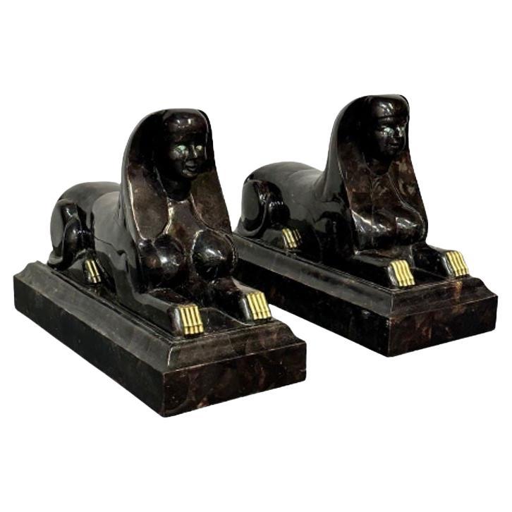Maitland Smith, Egyptian Modern, Sphinxes, Tessellated Stone, Gold Gilt, 1960s