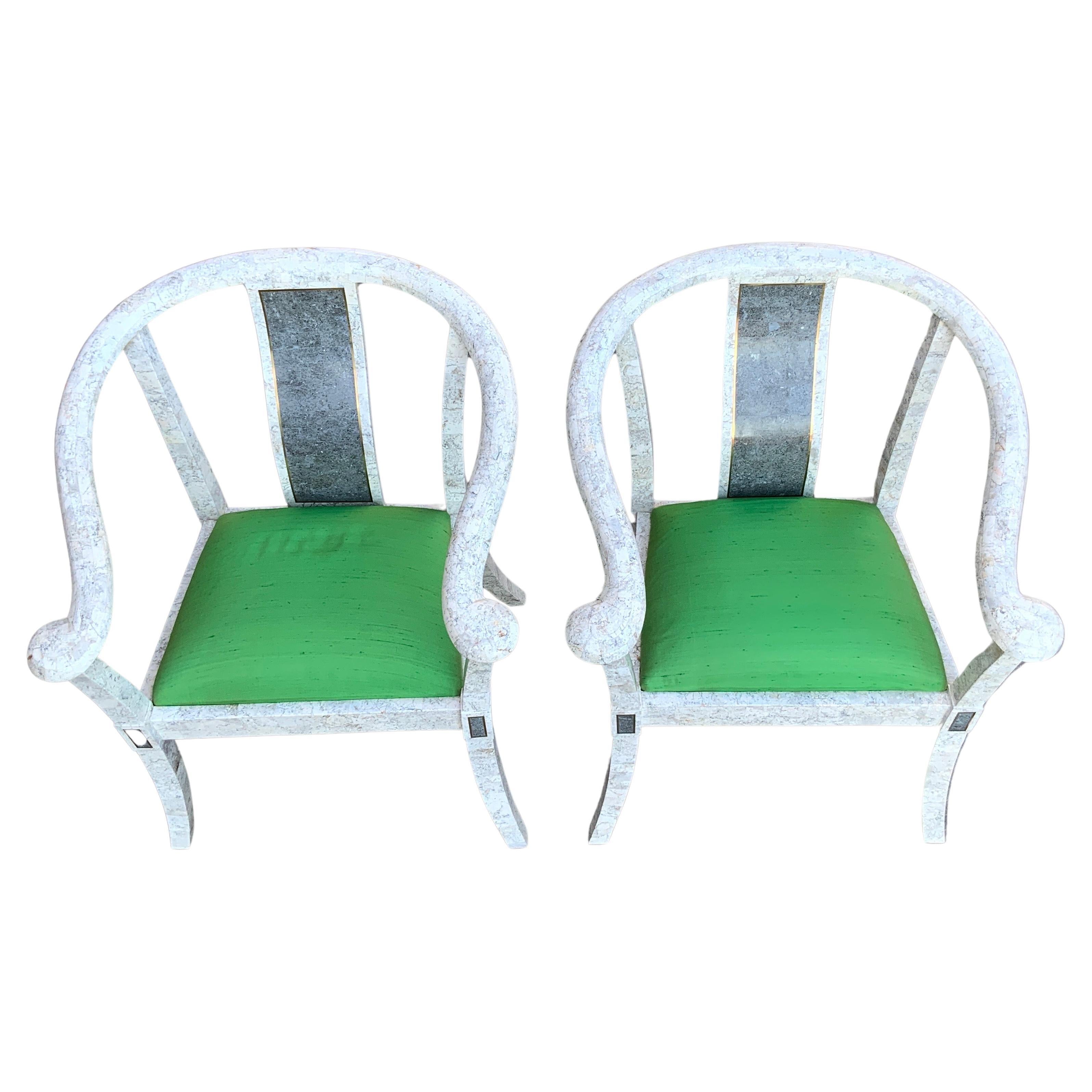 Hollywood Regency Pair of Maitland Smith Tessellated Stone Ming Chairs For Sale