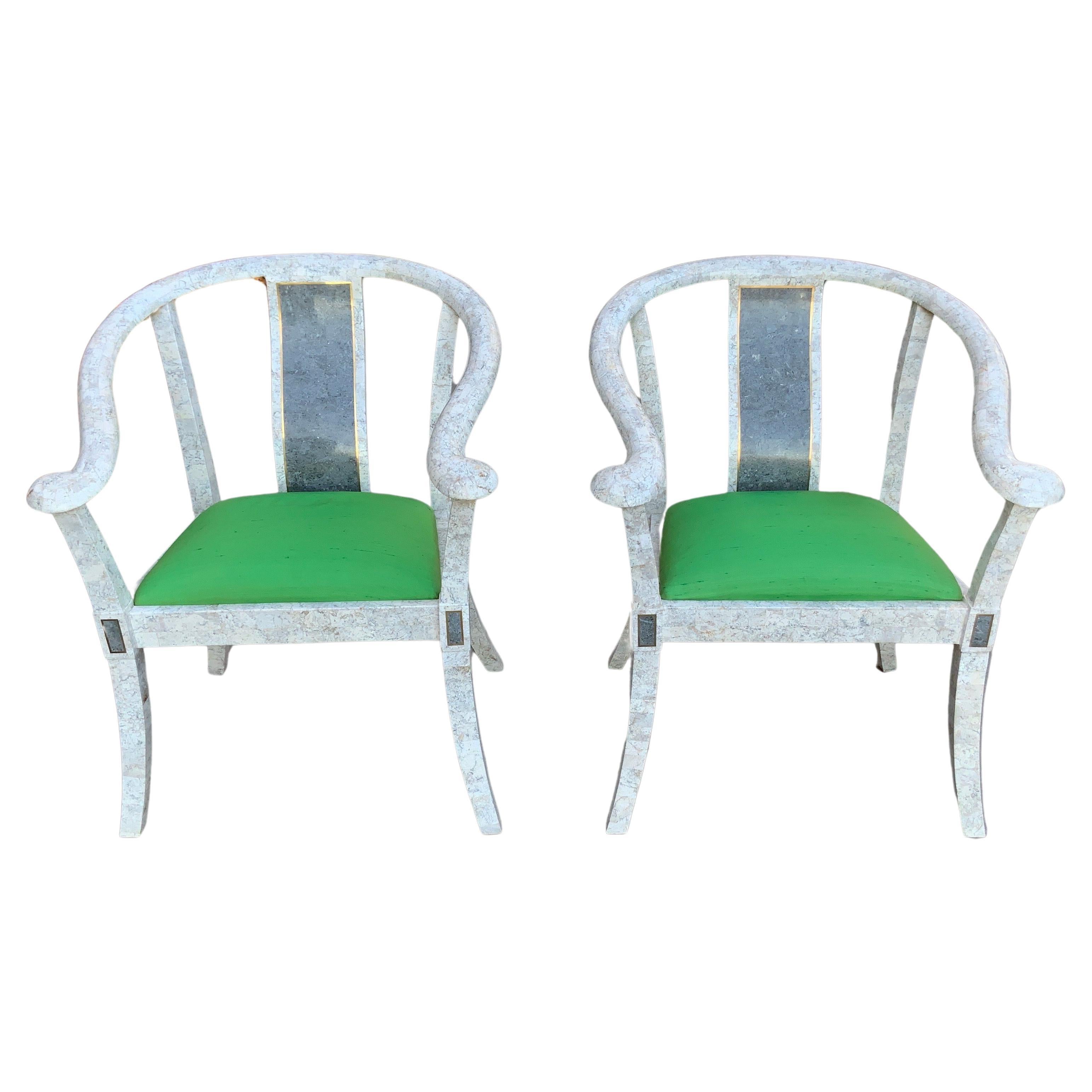 Pair of Maitland Smith Tessellated Stone Ming Chairs For Sale