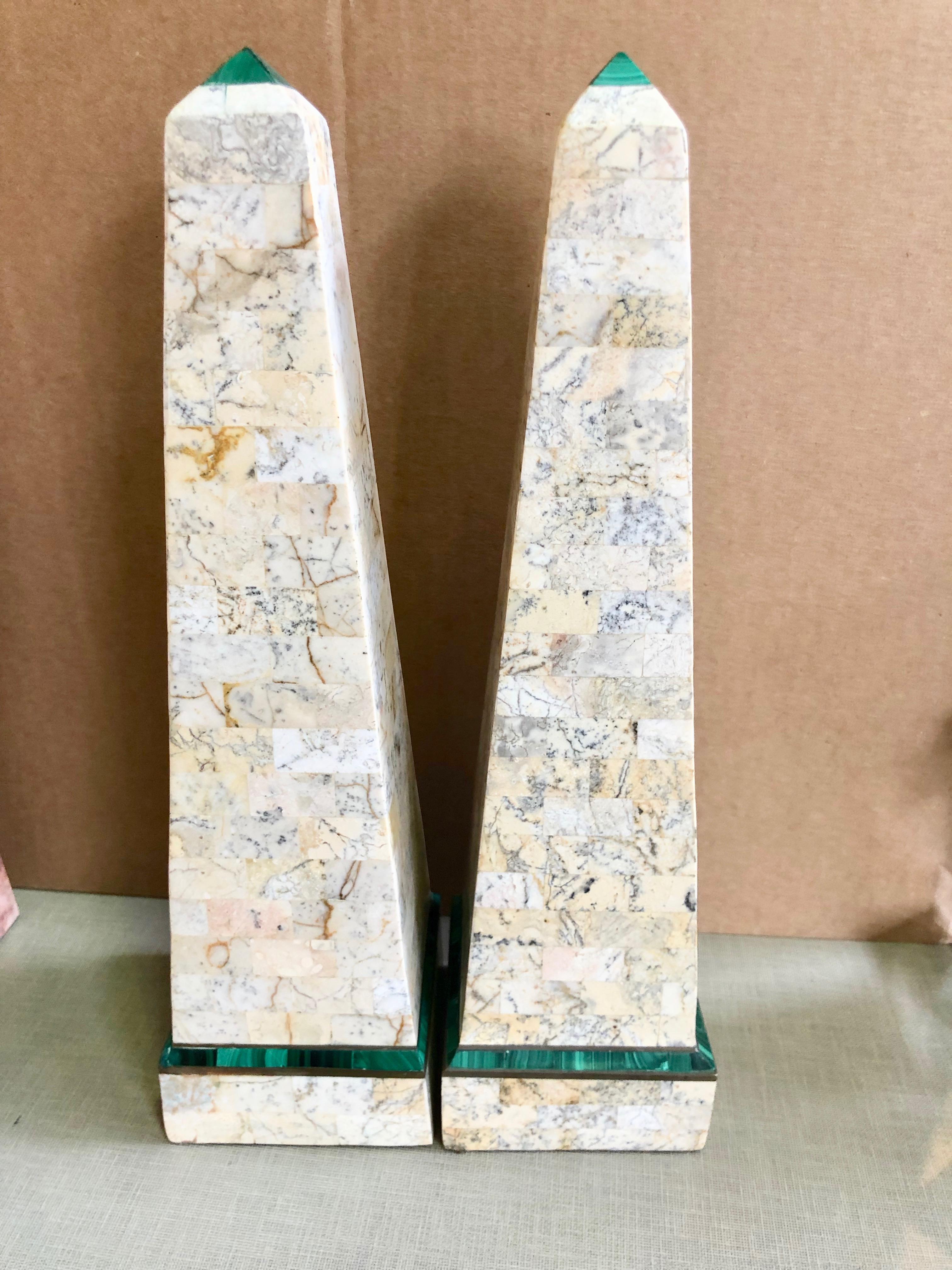 A pair of mid-20th century tessellated stone obelisks having faux malachite trim by Maitland Smith.