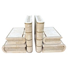 Pair Of Maitland Smith Tessellated Travertine And Brass Bookends