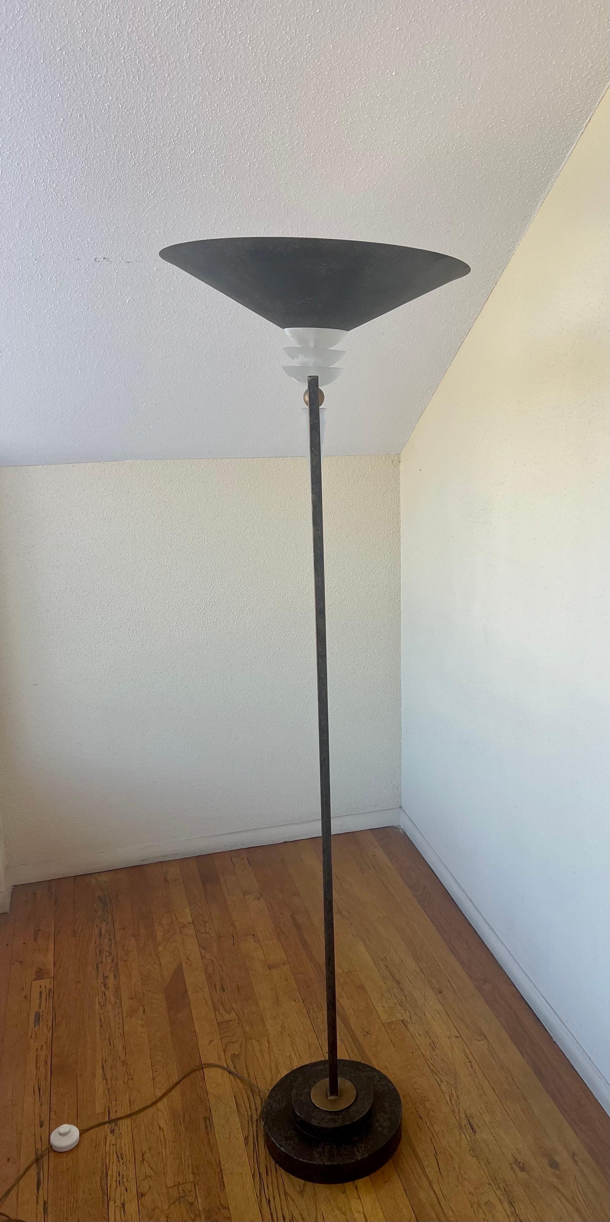 Pair of Majestic Italian Postmodern Verdigris Gold Finish Torchiere Floor Lamps In Good Condition In San Diego, CA