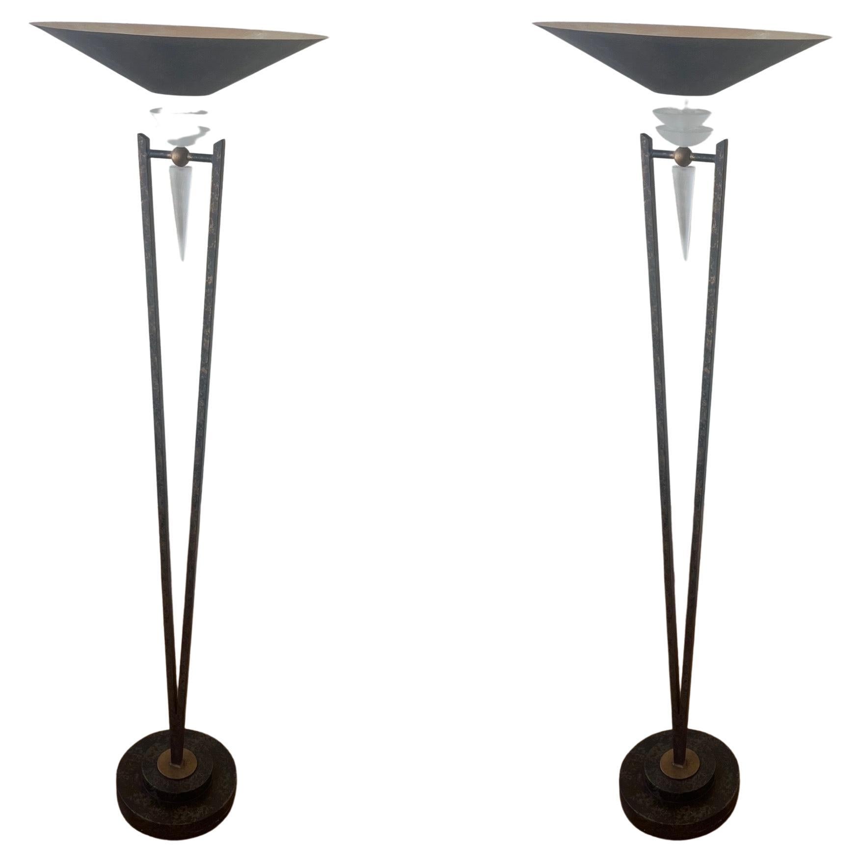 Pair of Majestic Italian Postmodern Verdigris Gold Finish Torchiere Floor Lamps