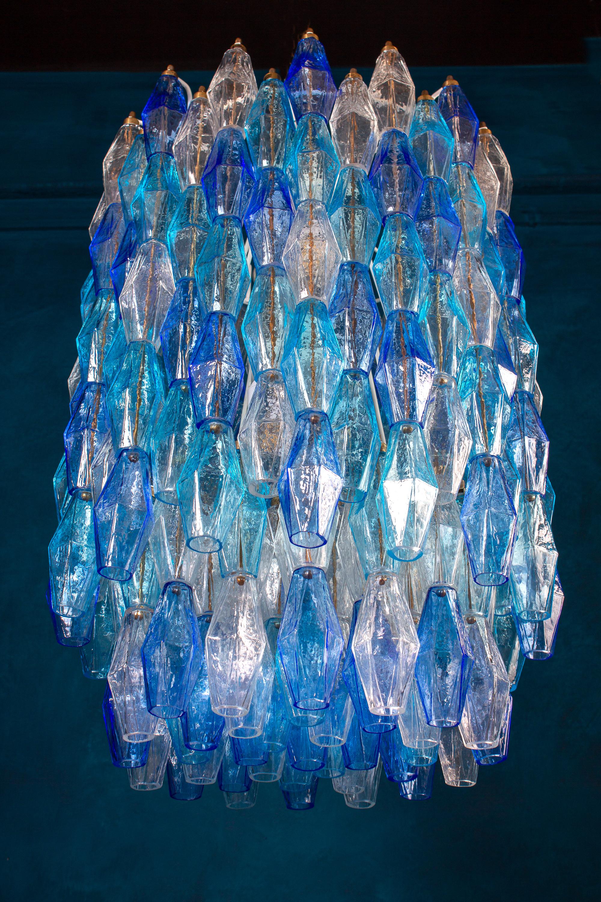 European Pair of Majestic Murano Glass Sapphire Colored Poliedri Chandelier For Sale