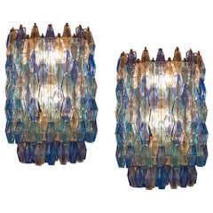 Coppia di maestosi lampadari Poliedri color zaffiro in vetro di Murano