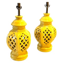 Pair of Majestic Yellow Ceramic Large Table Lamps Moroccan Style