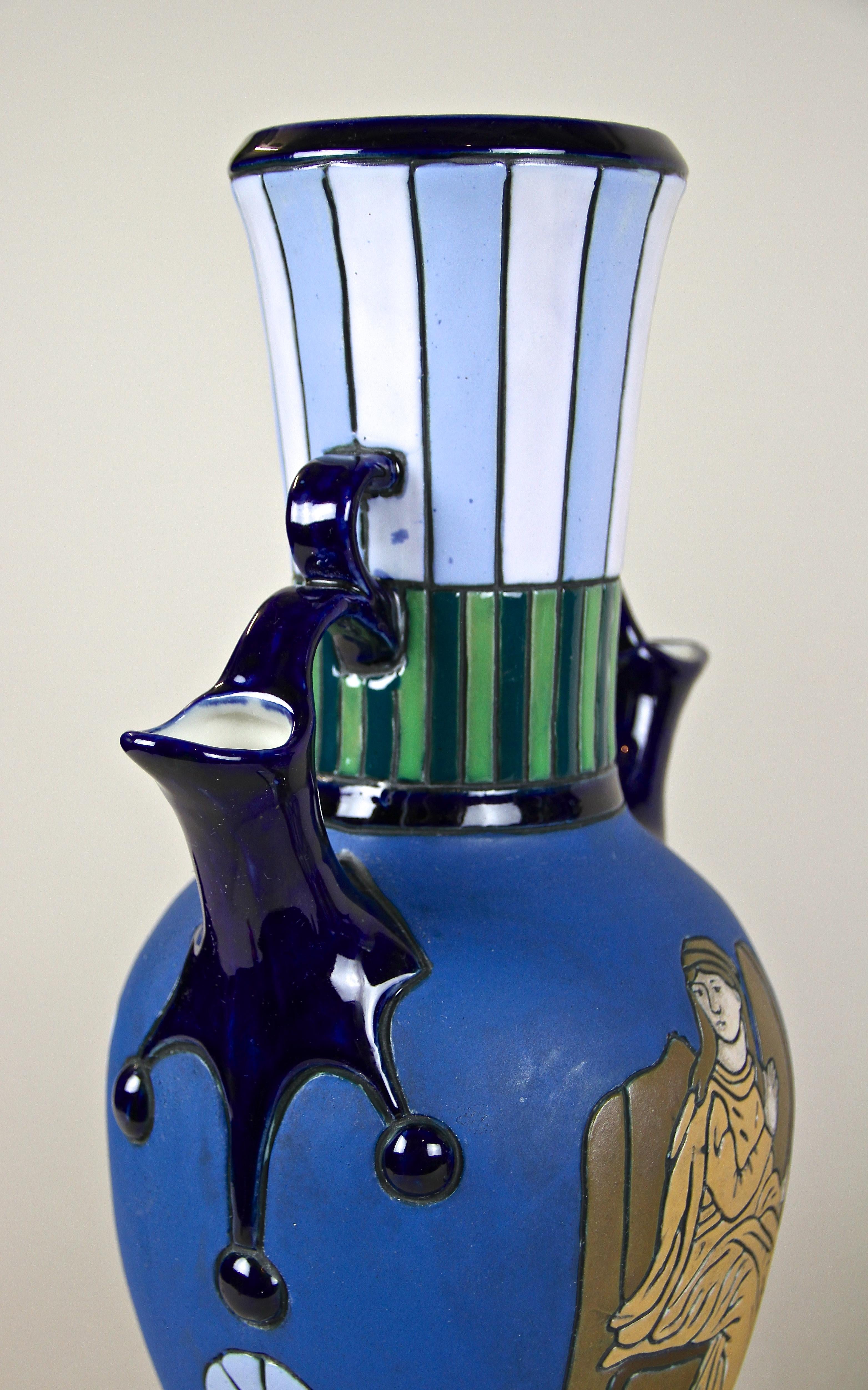 Pair of Majolica Amphora Vases Enamel Painted by Amphora CZ, circa 1920 4