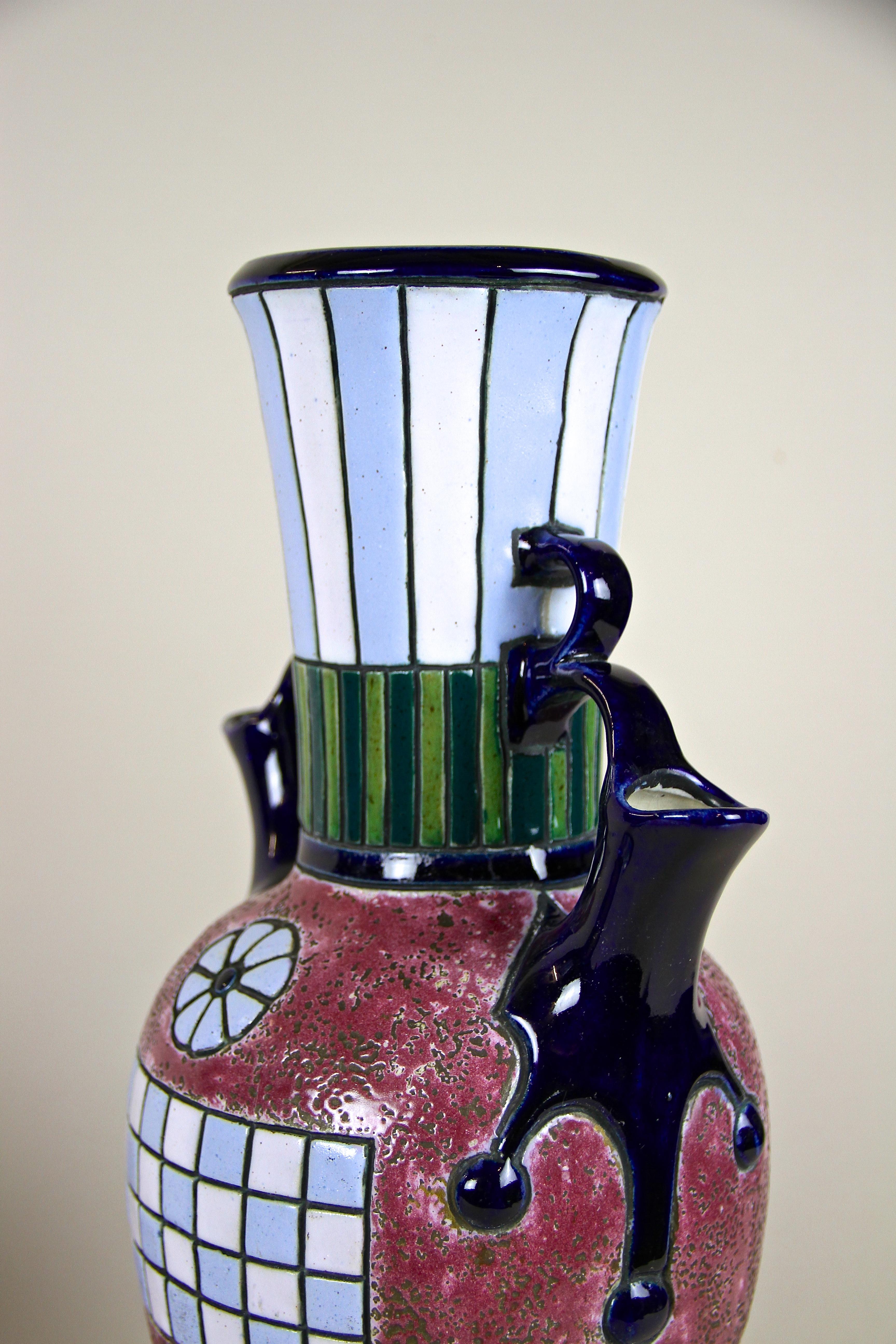 Pair of Majolica Amphora Vases Enamel Painted by Amphora CZ, circa 1920 5