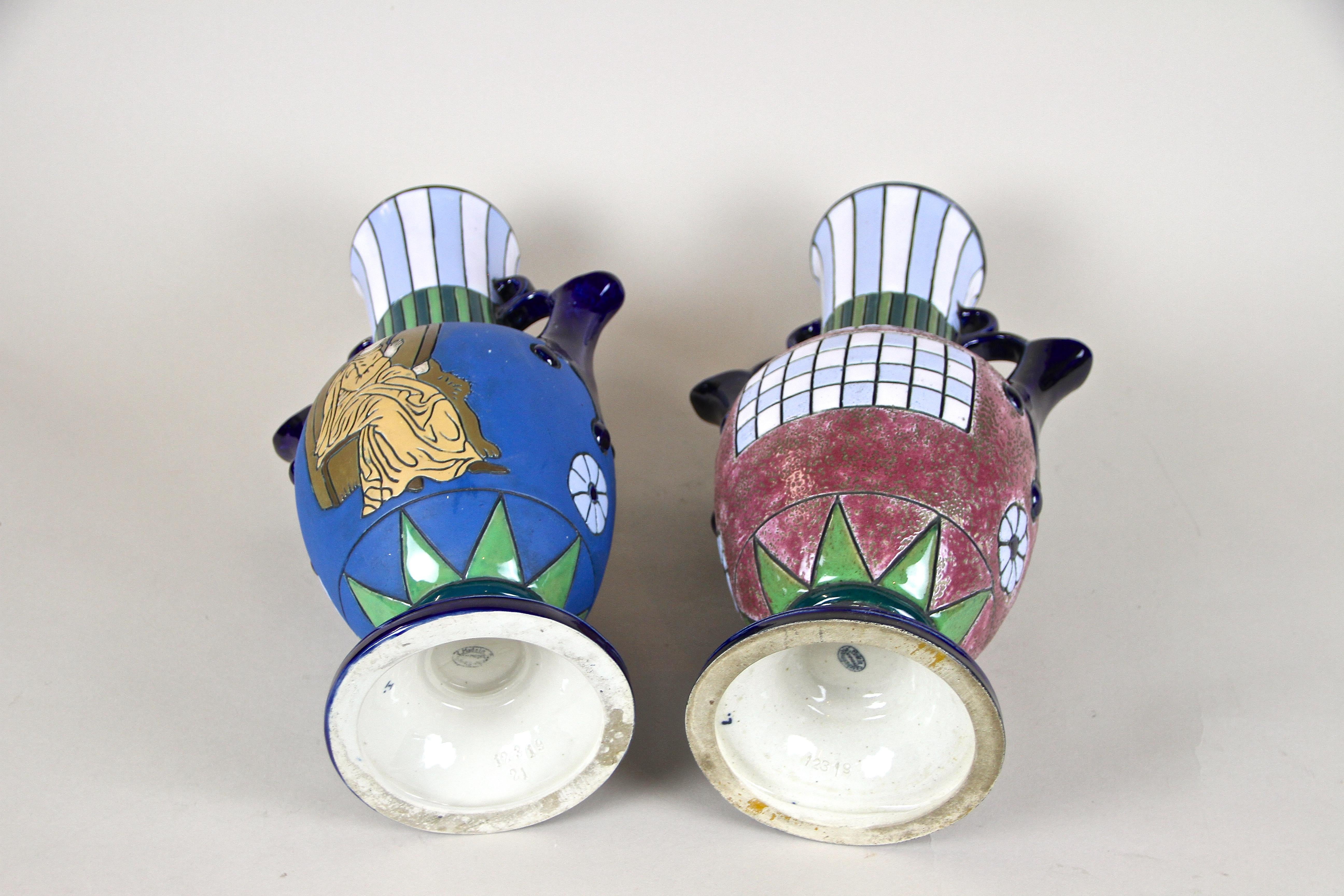 Pair of Majolica Amphora Vases Enamel Painted by Amphora CZ, circa 1920 8