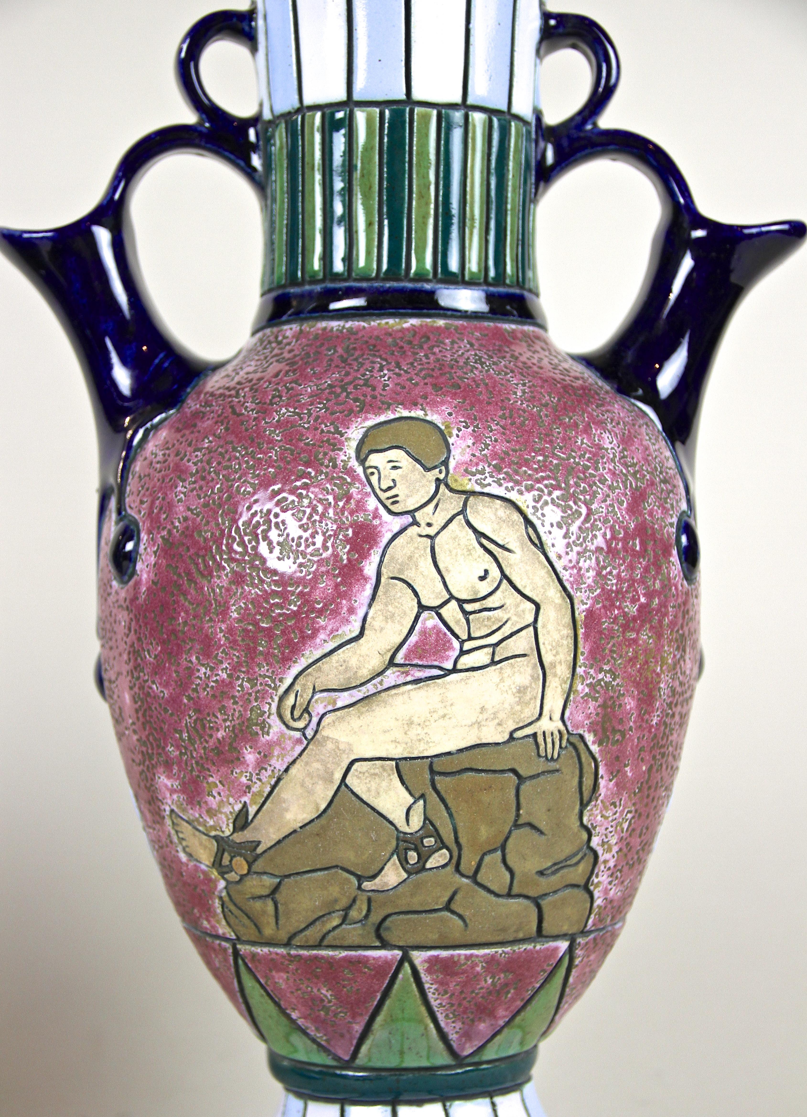 Pair of Majolica Amphora Vases Enamel Painted by Amphora CZ, circa 1920 10