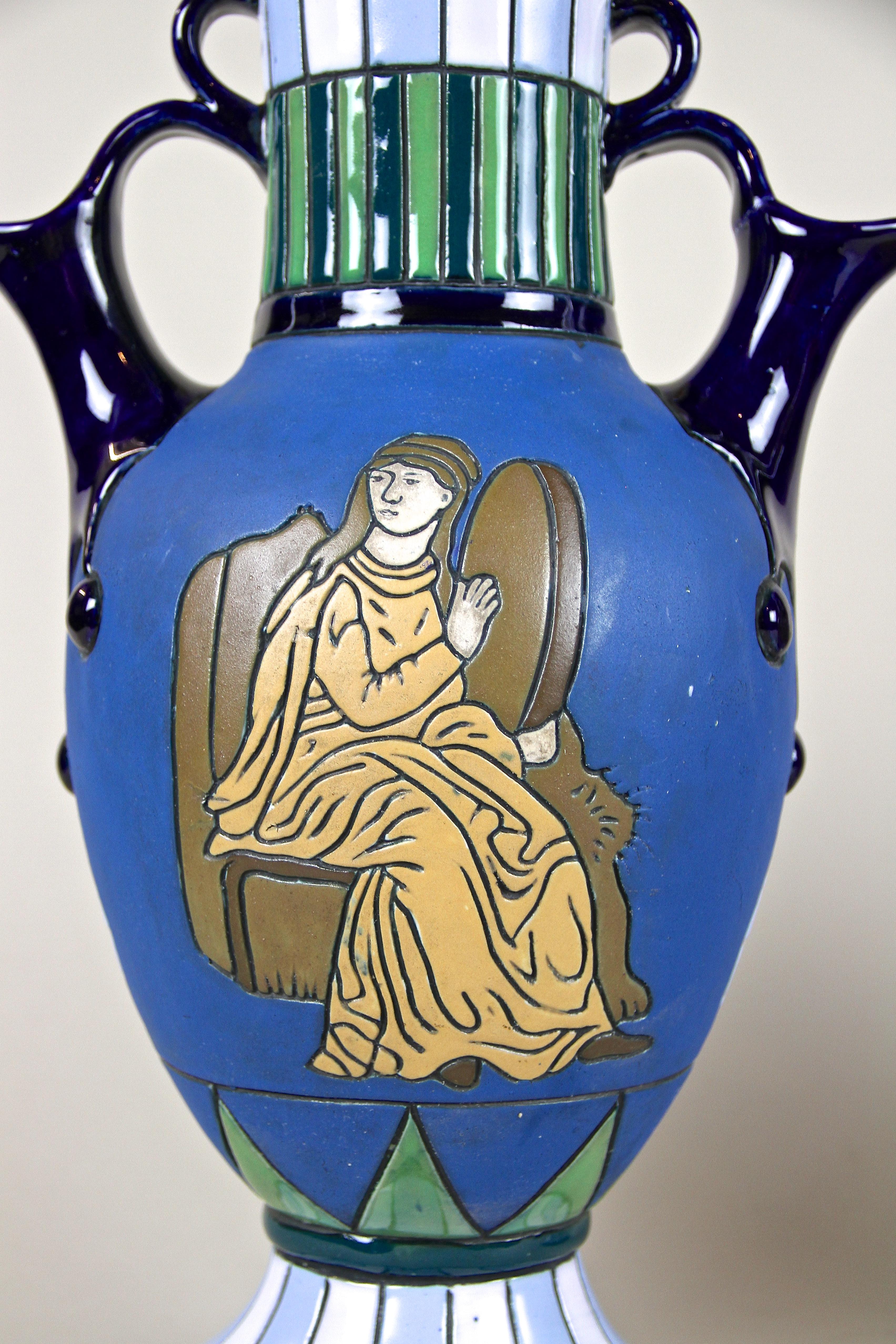 Pair of Majolica Amphora Vases Enamel Painted by Amphora CZ, circa 1920 11