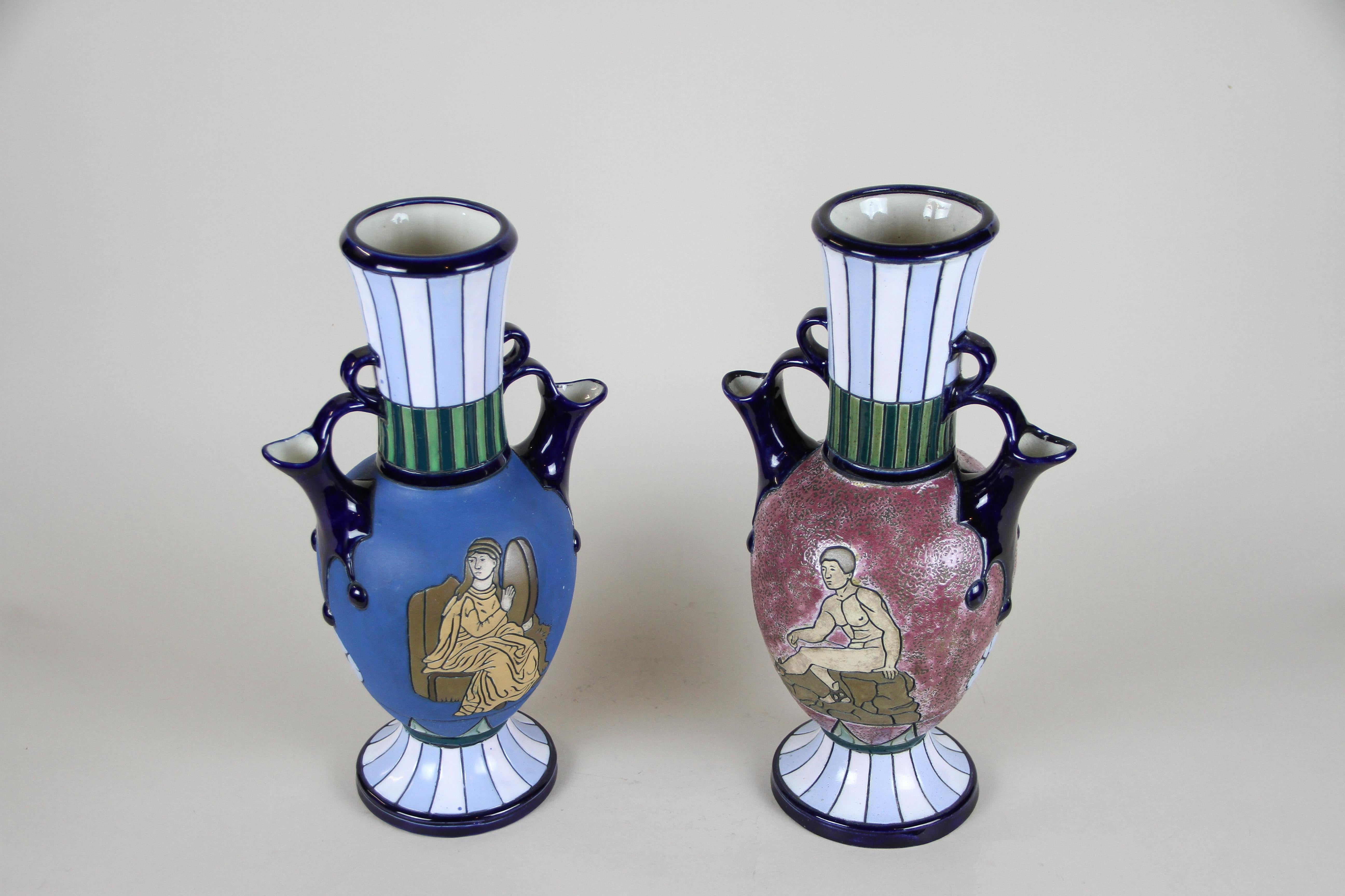 Pair of Majolica Amphora Vases Enamel Painted by Amphora CZ, circa 1920 12
