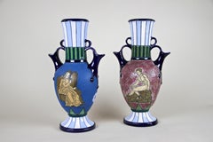 Pair of Majolica Amphora Vases Enamel Painted by Amphora CZ, circa 1920