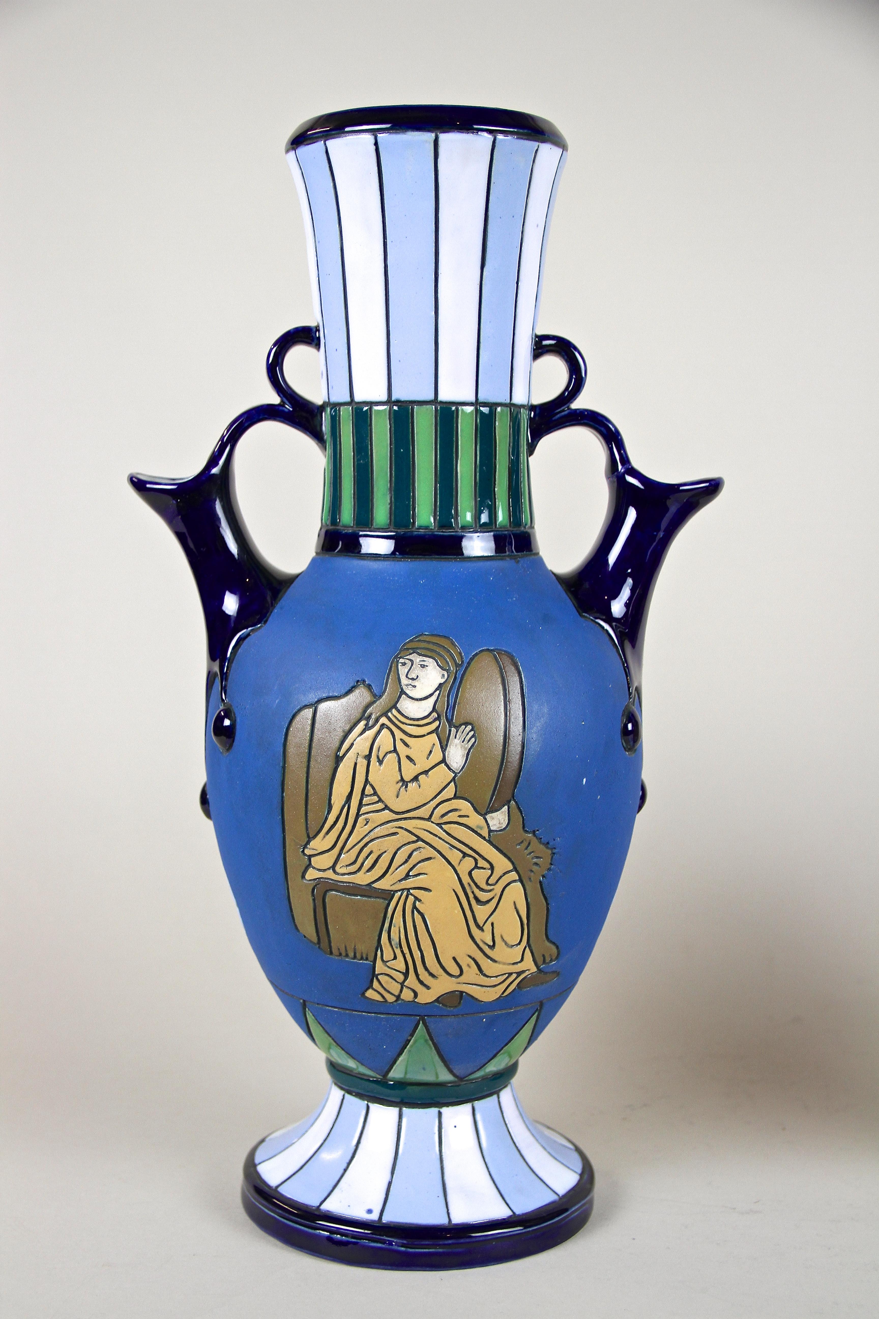 Art Deco Pair of Majolica Amphora Vases Enamel Painted by Amphora CZ, circa 1920