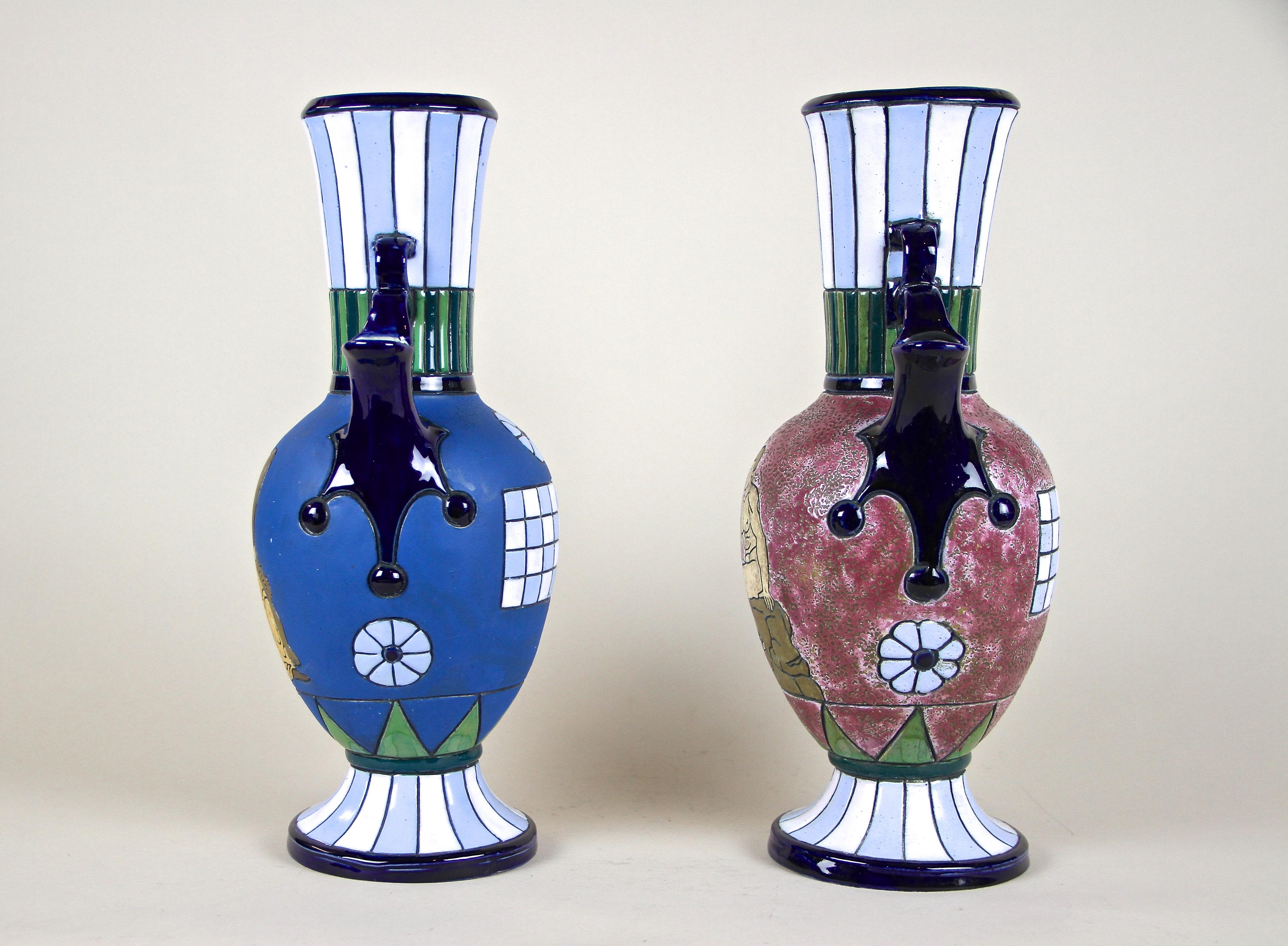 Hand-Painted Pair of Majolica Amphora Vases Enamel Painted by Amphora CZ, circa 1920